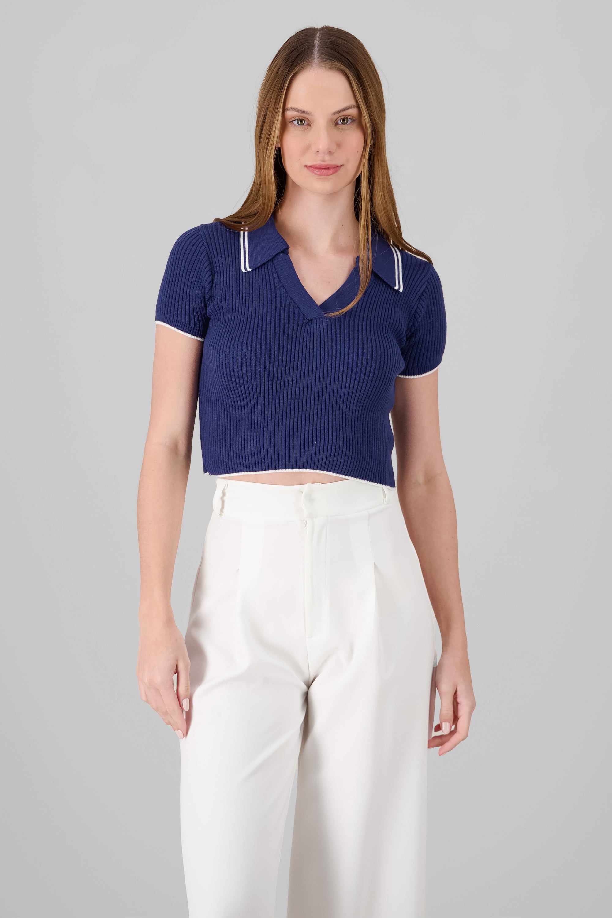 ColorContrast Polo Neck Crop Top NAVY