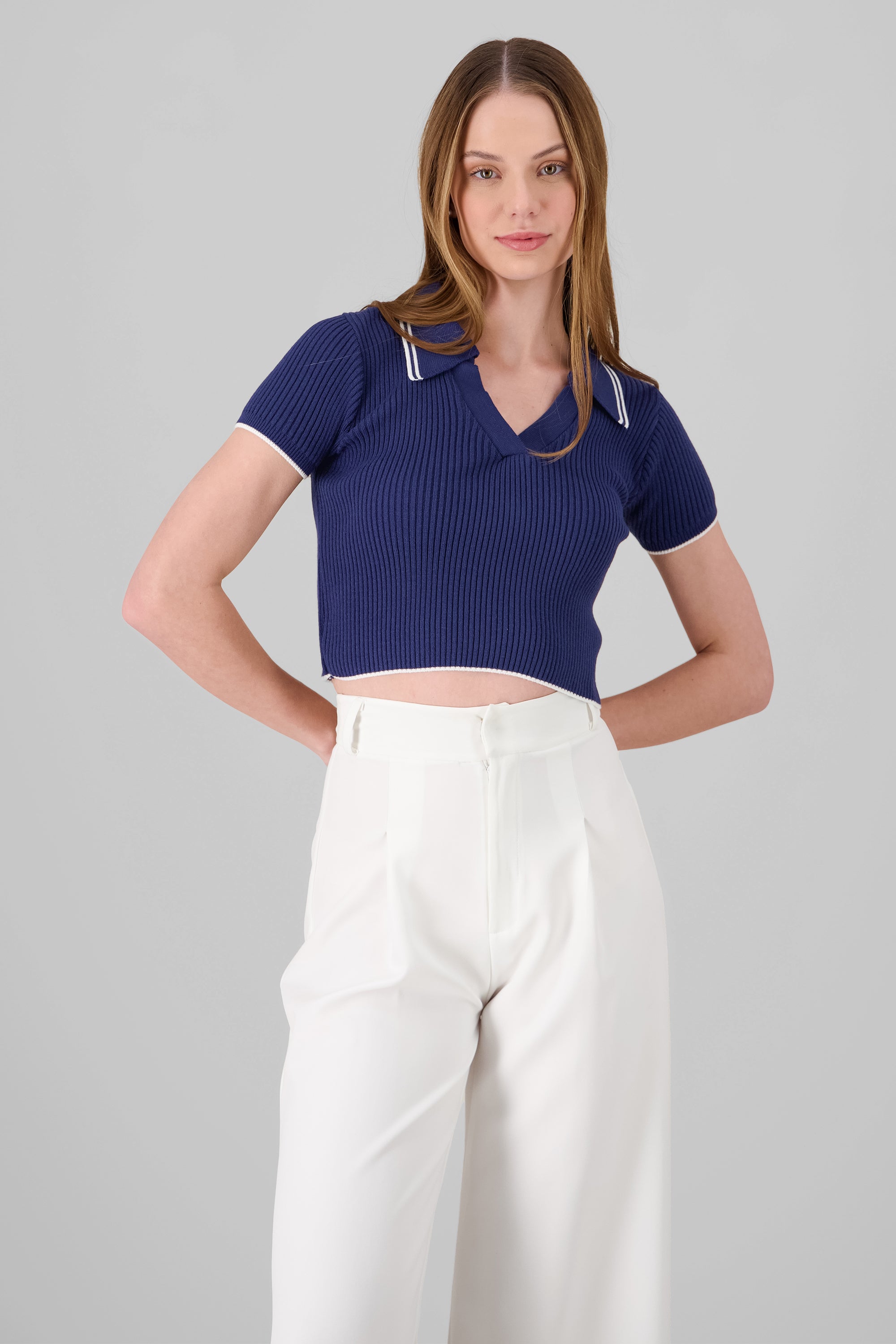 ColorContrast Polo Neck Crop Top NAVY