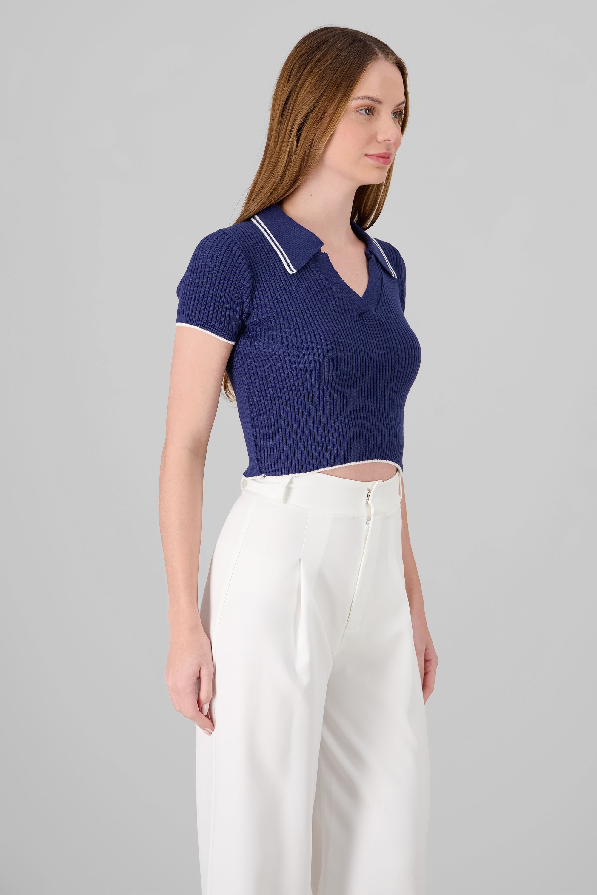 ColorContrast Polo Neck Crop Top NAVY