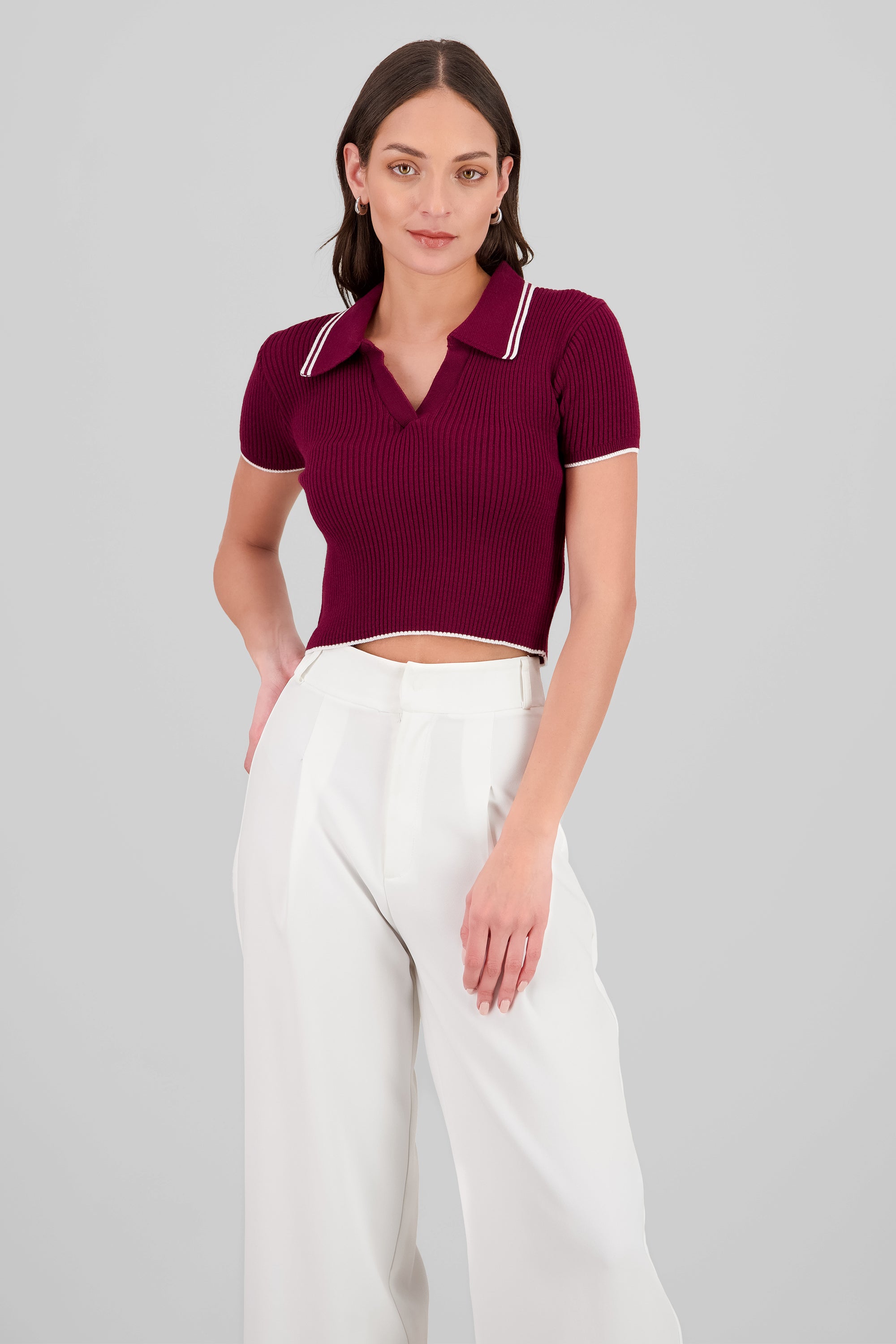 ColorContrast Polo Neck Crop Top BURGUNDY