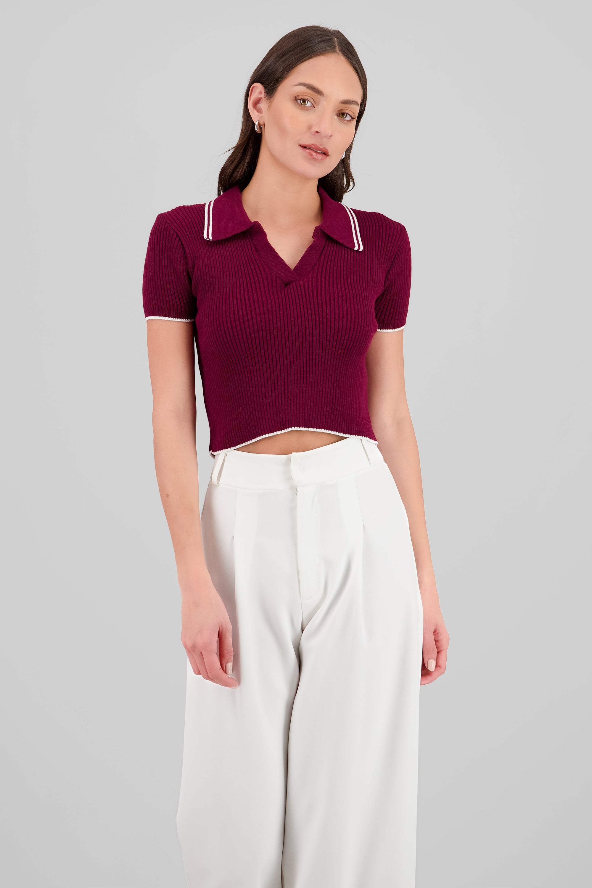 ColorContrast Polo Neck Crop Top BURGUNDY