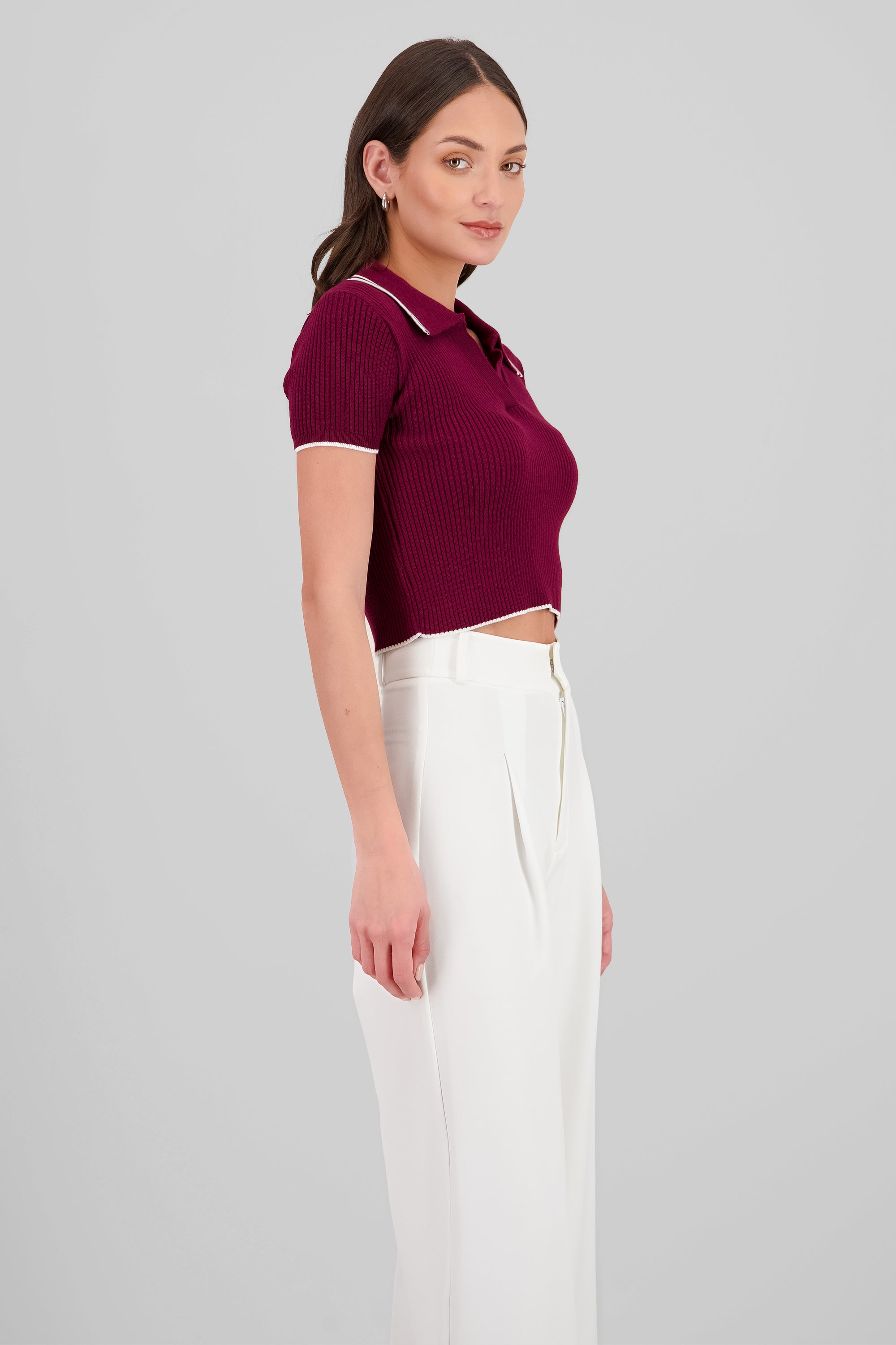 ColorContrast Polo Neck Crop Top BURGUNDY