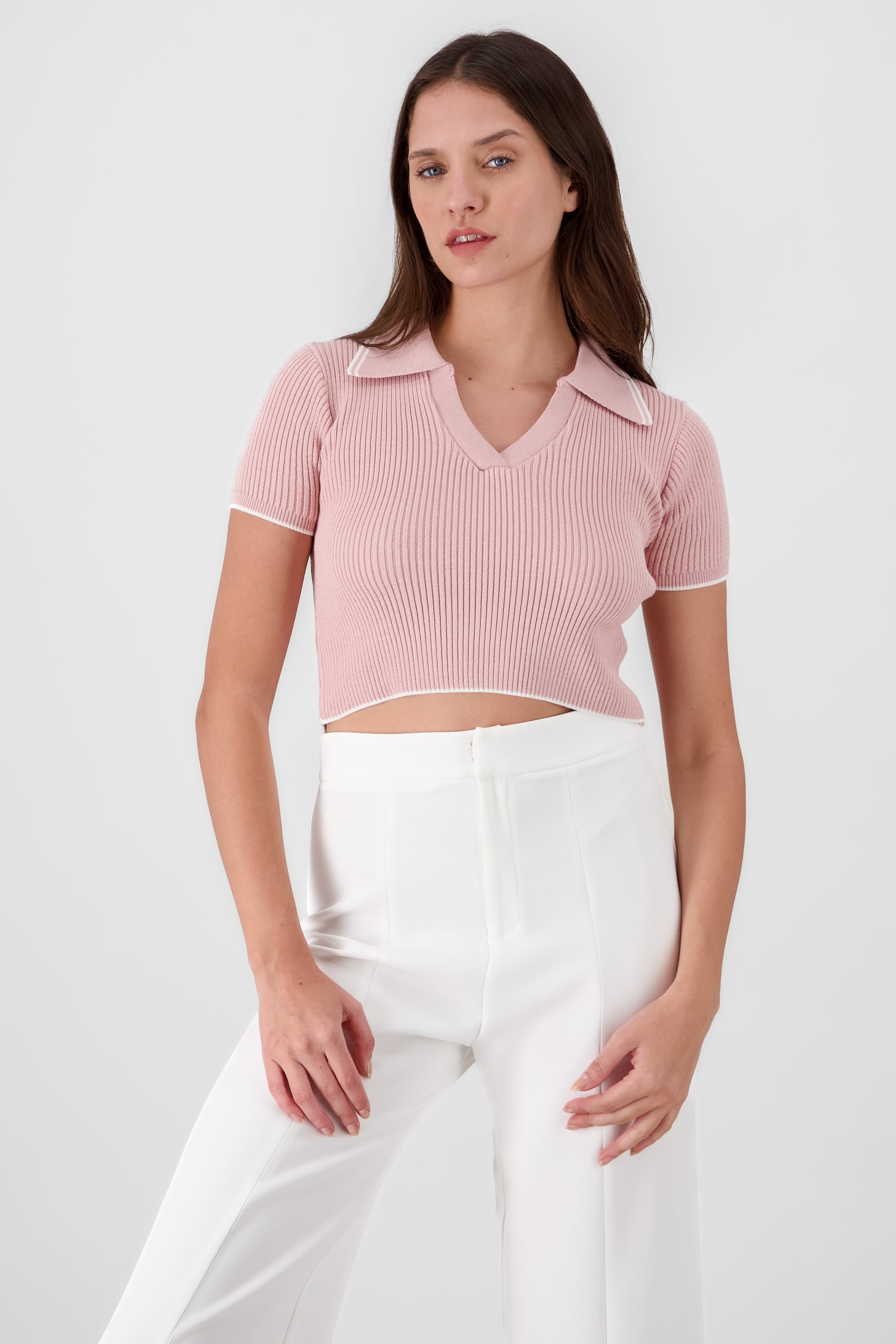 ColorContrast Polo Neck Crop Top ROSEWOOD