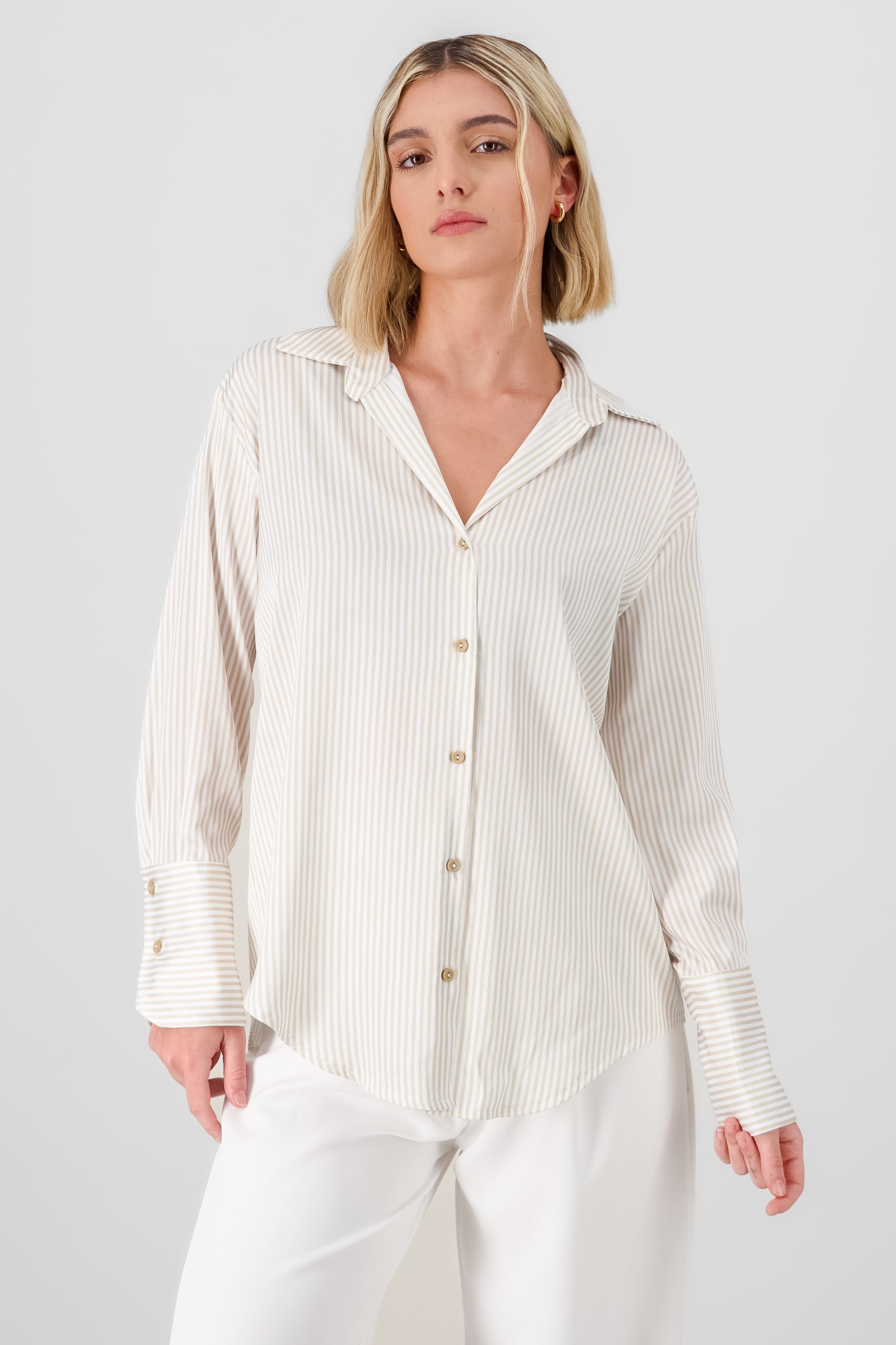 Classic Stripped Button Down Top BEIGE