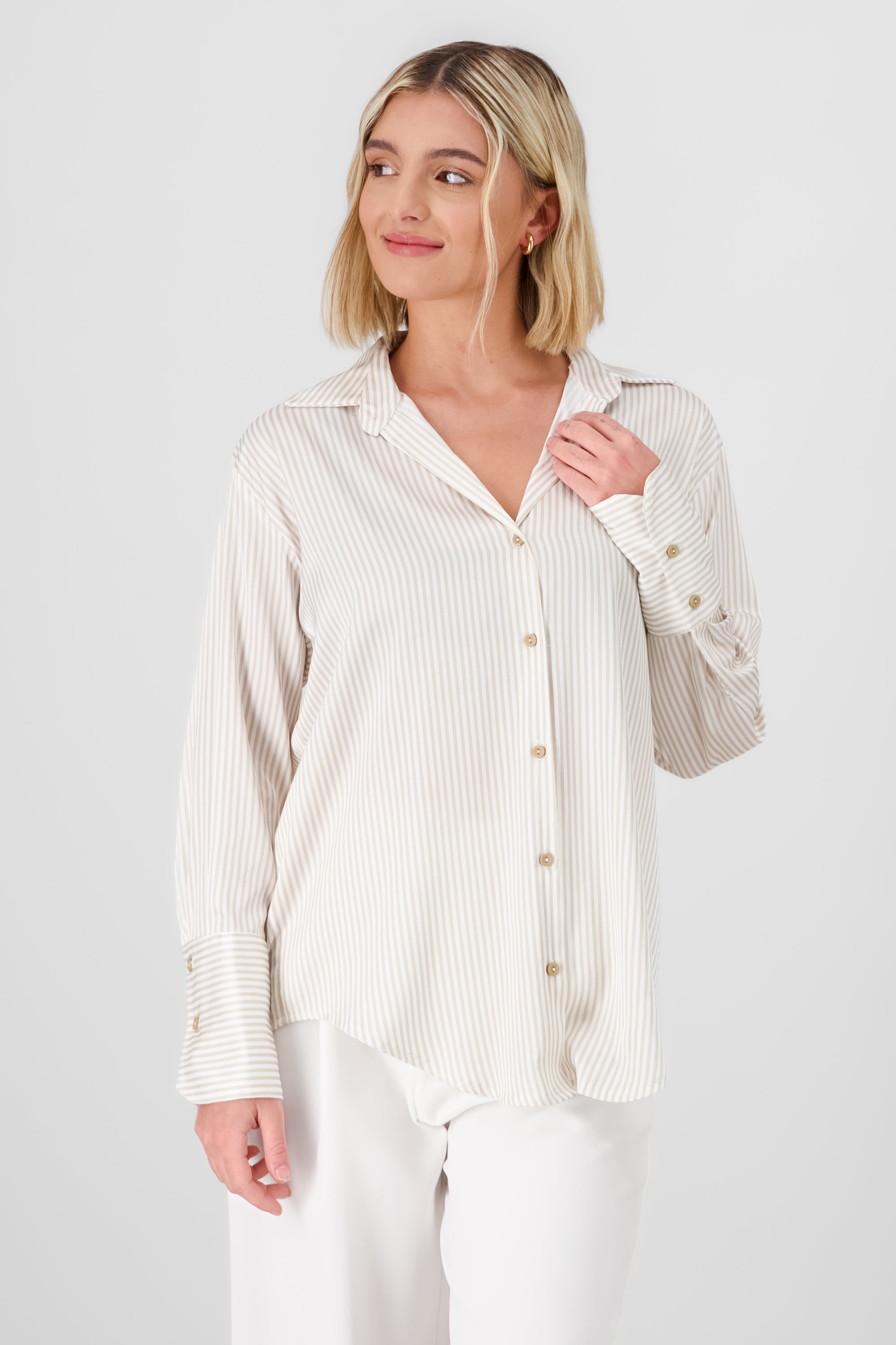 Classic Stripped Button Down Top BEIGE