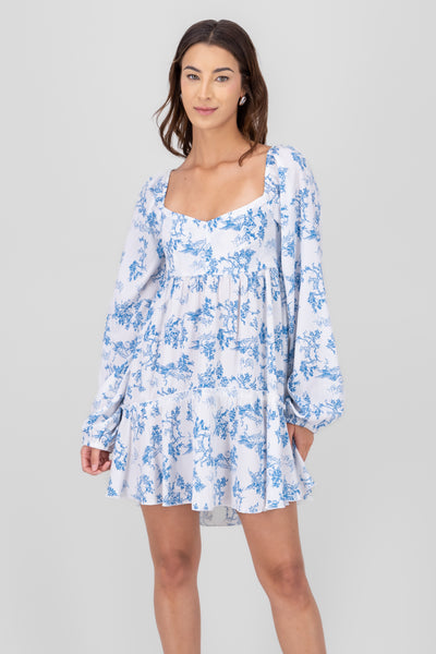 Floral Long Sleeve Puff Dress BLUE COMBO