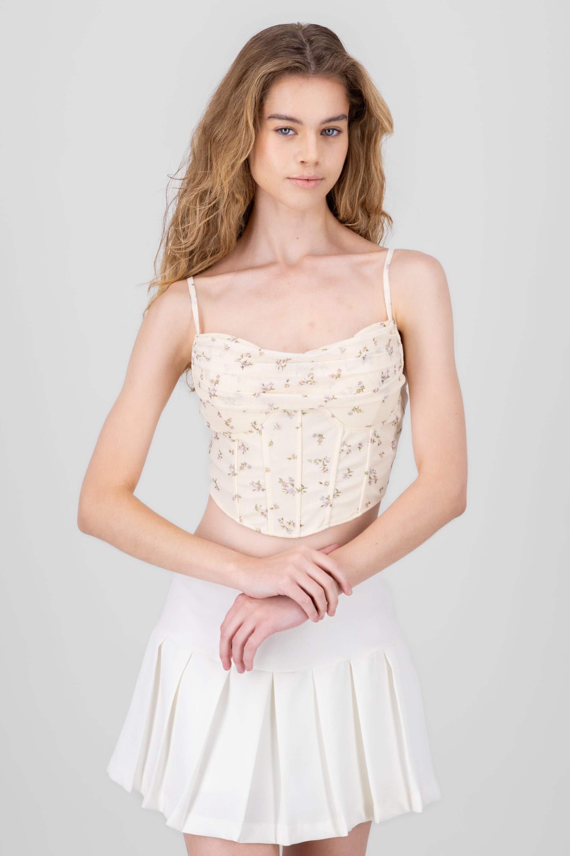 Cascade Neck Floral Corset BONE COMBO