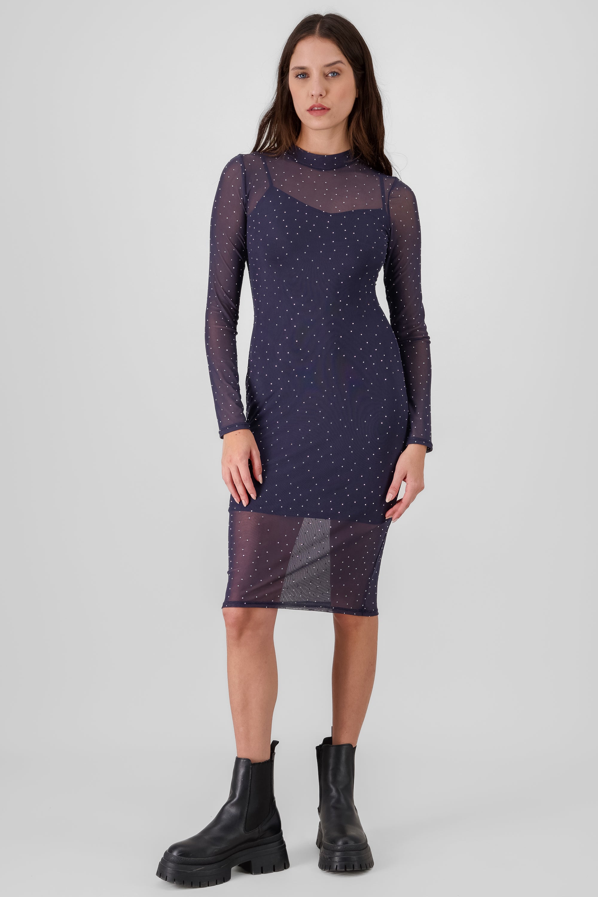 Rhinestone Mesh Midi Dress NAVY