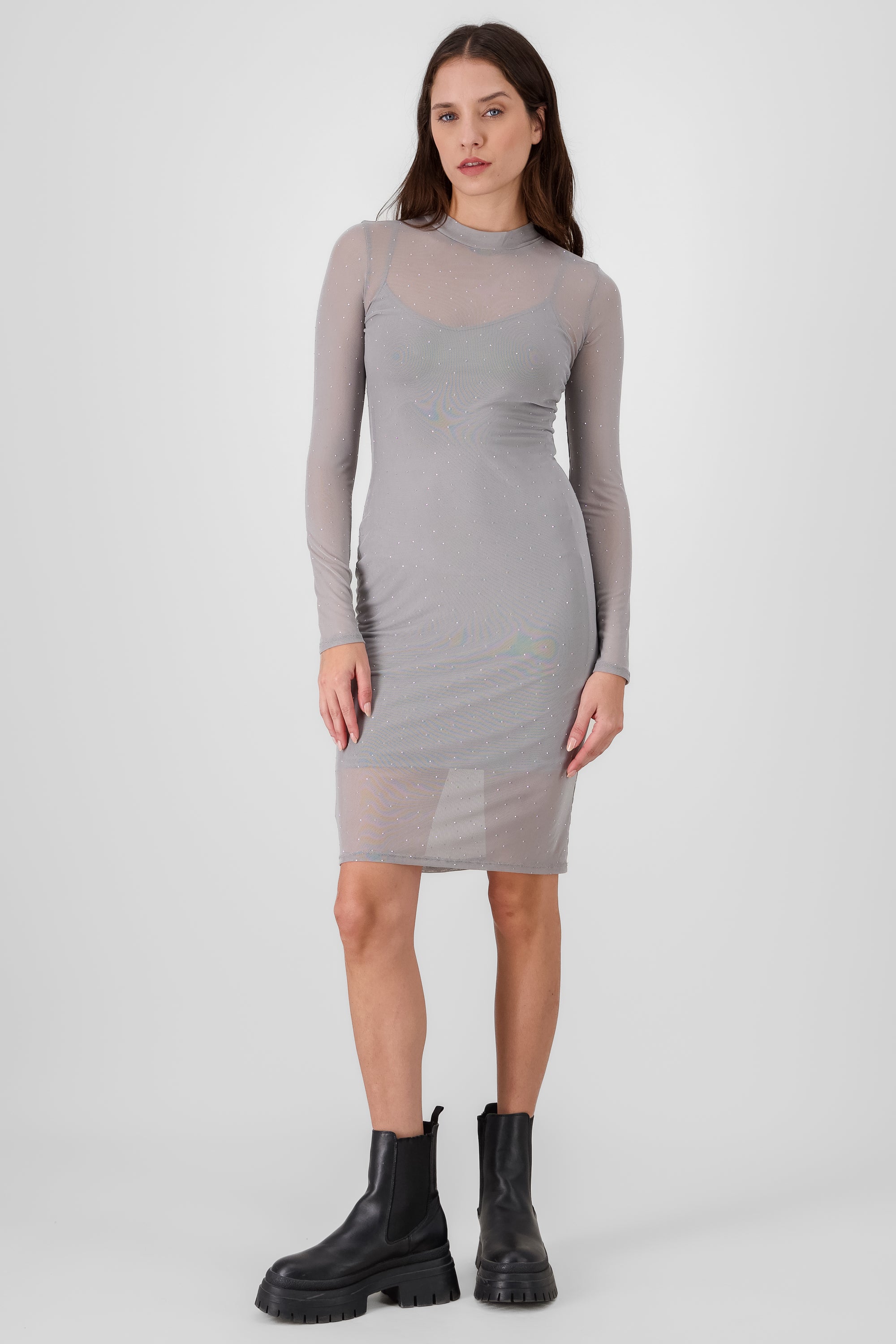 Rhinestone Mesh Midi Dress GRAY