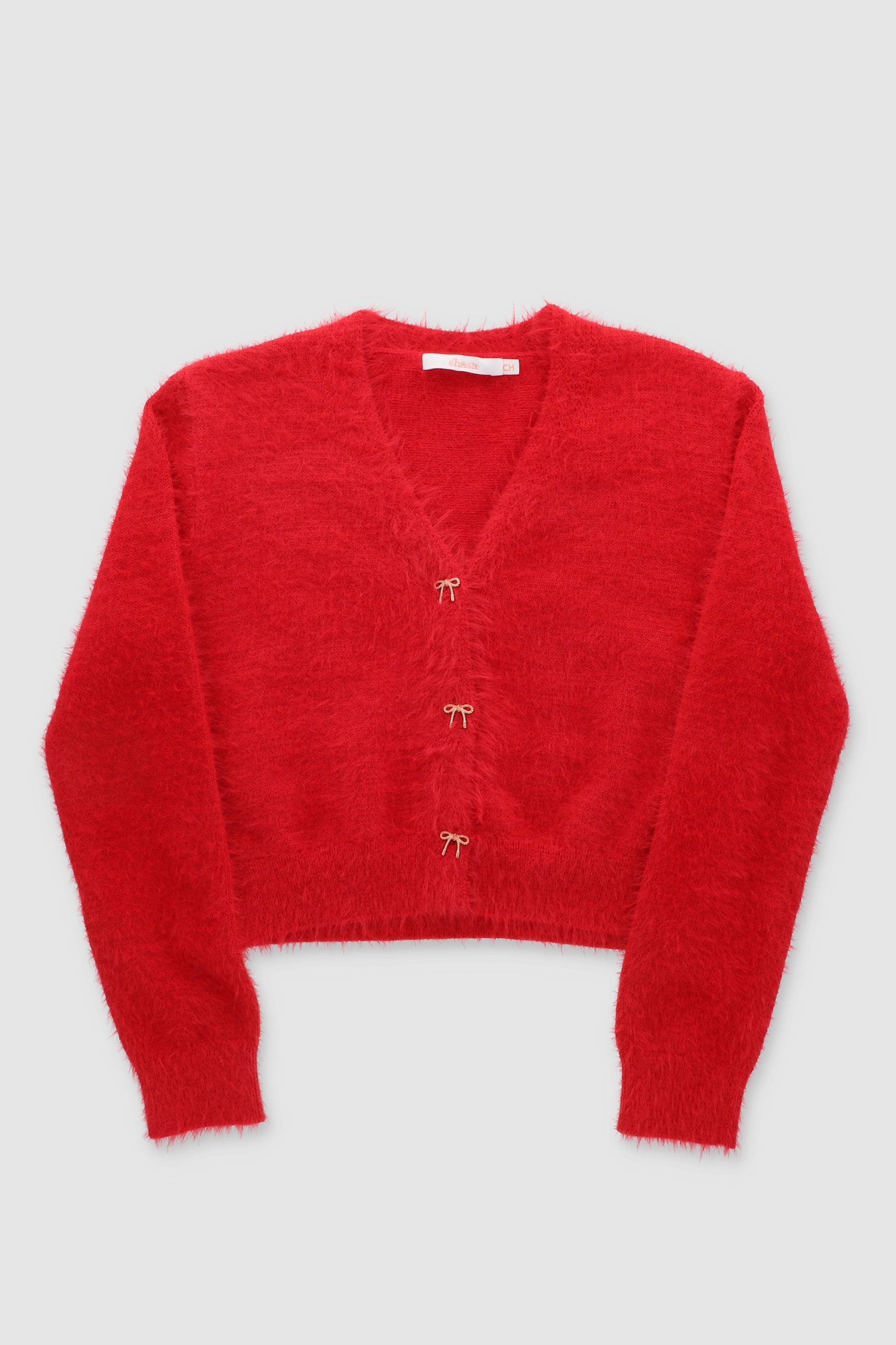 Detail Bow Button Cardigan RED