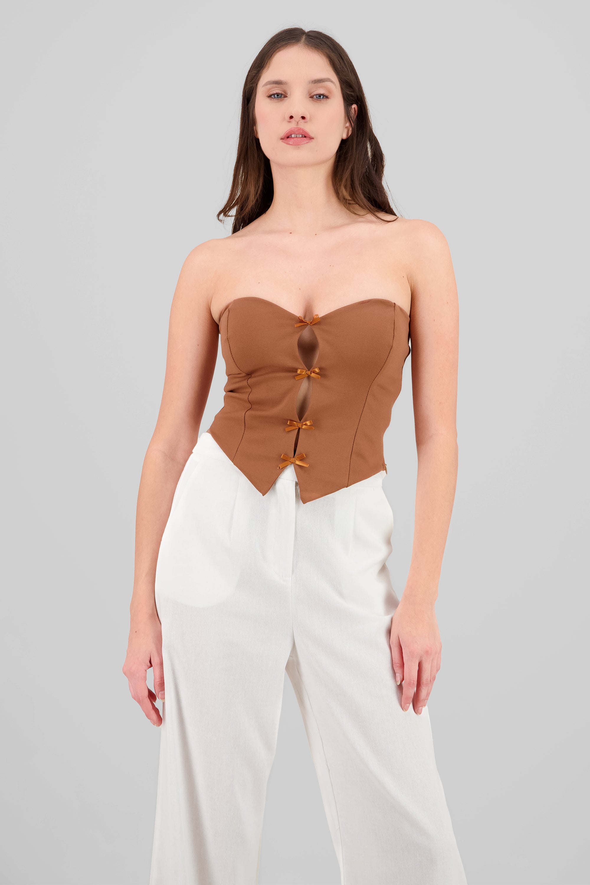 Strapless Bow Corset Top CAMEL