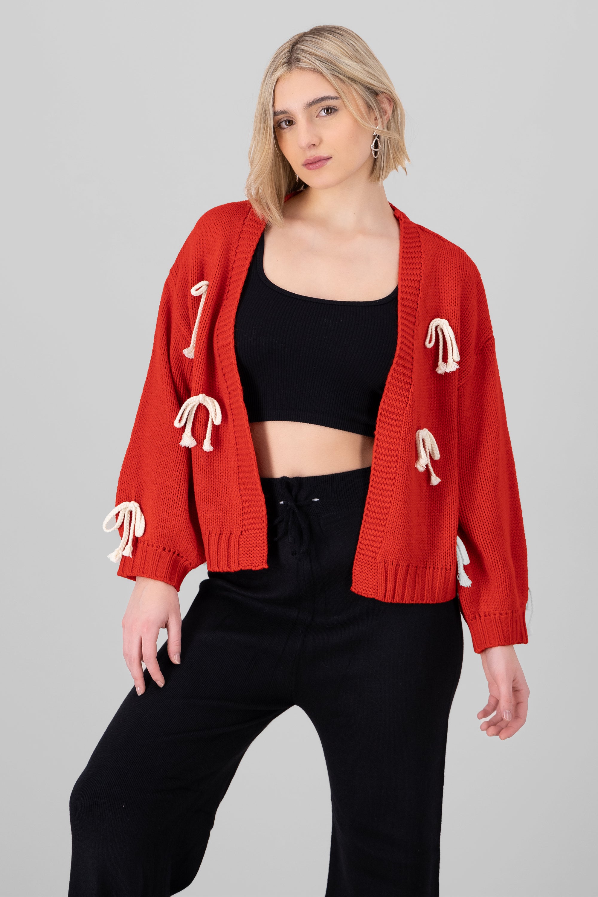 Knit Detail Bow Cardigan RED