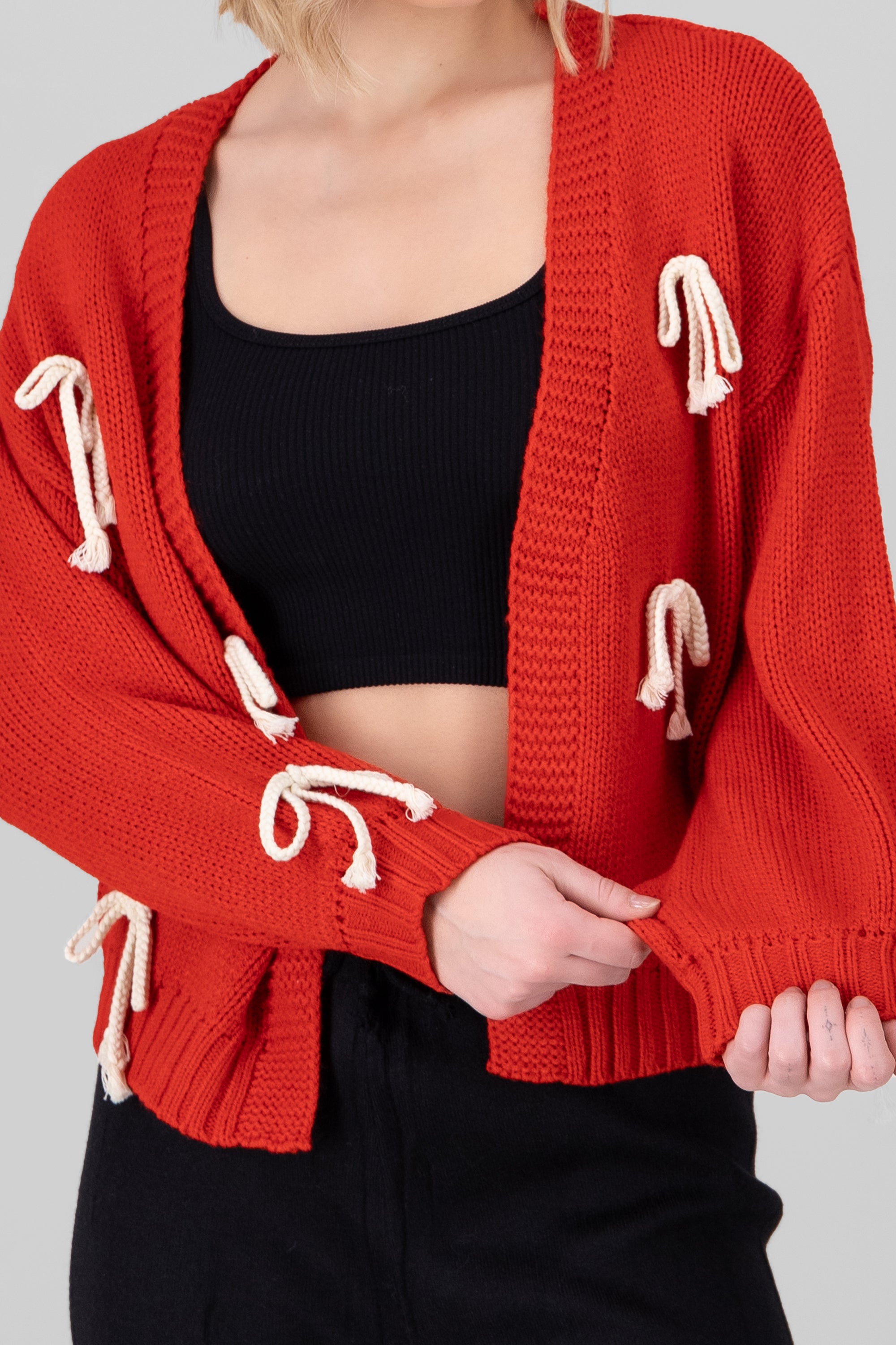 Knit Detail Bow Cardigan RED