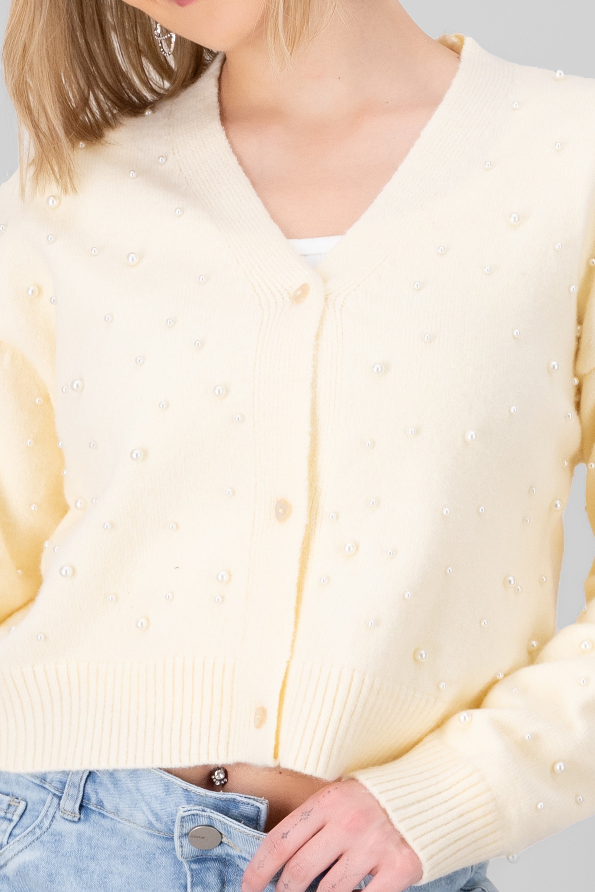 Knit Detail Pearls Cardigan CREAM