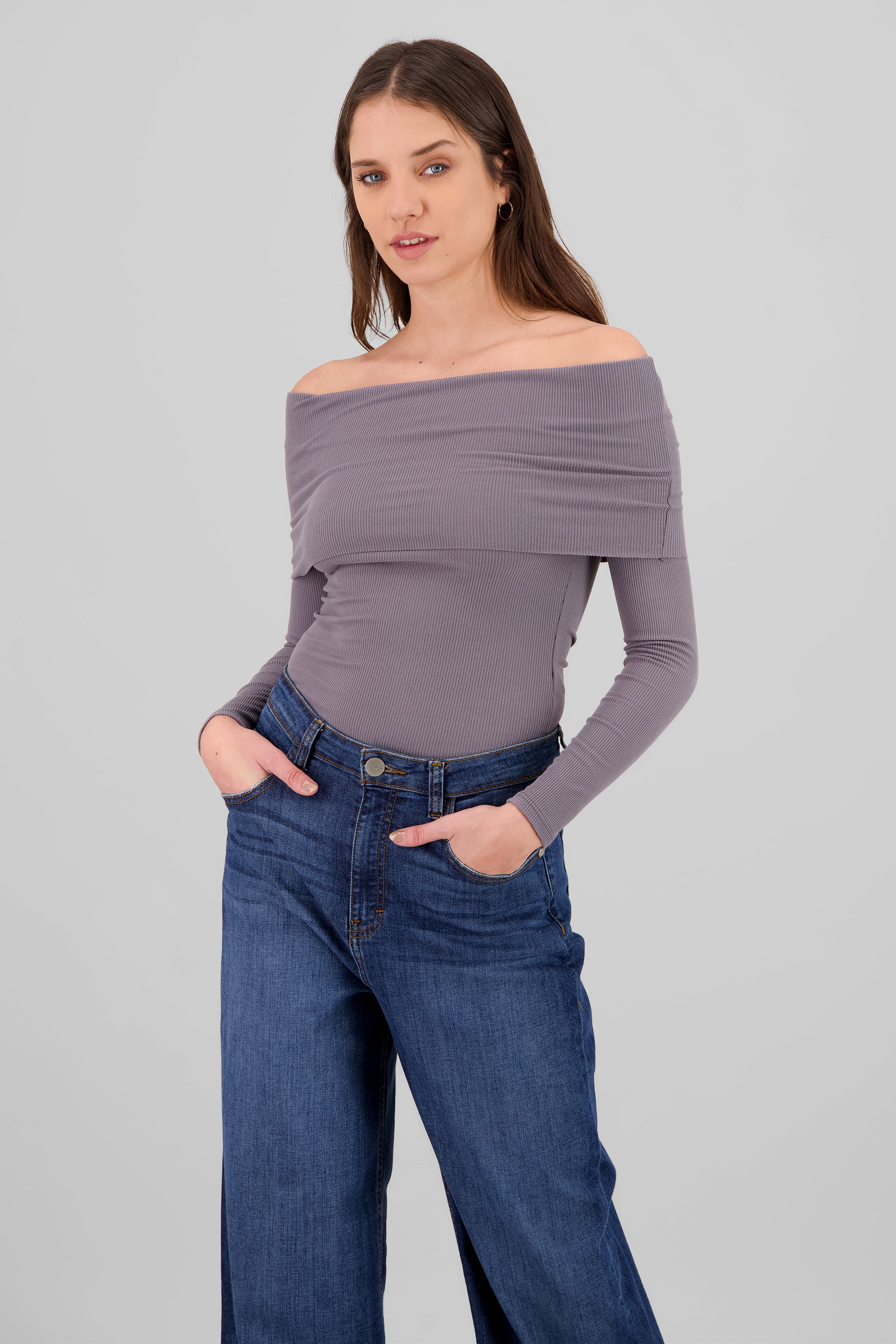 Off Shoulder Solid Top DARK GRAY