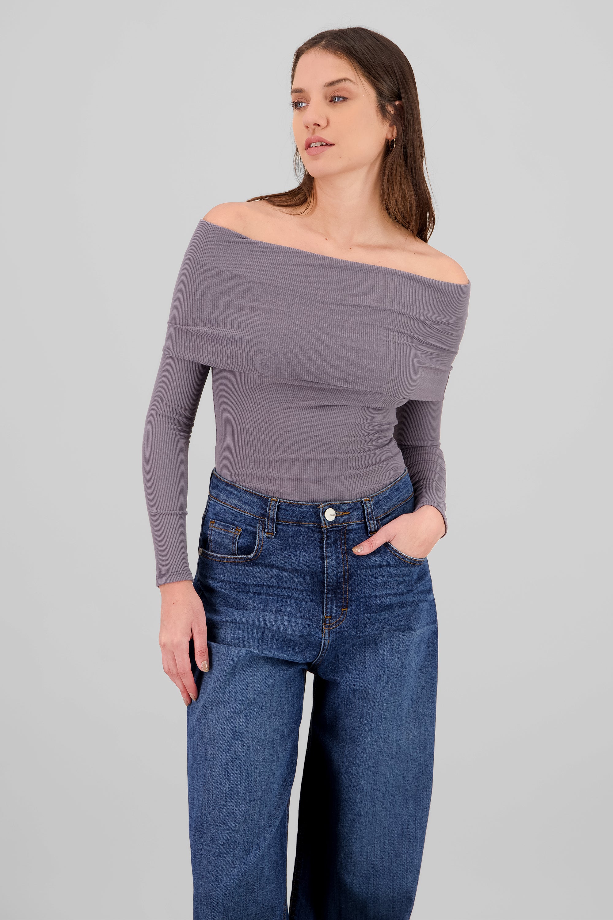 Off Shoulder Solid Top DARK GRAY