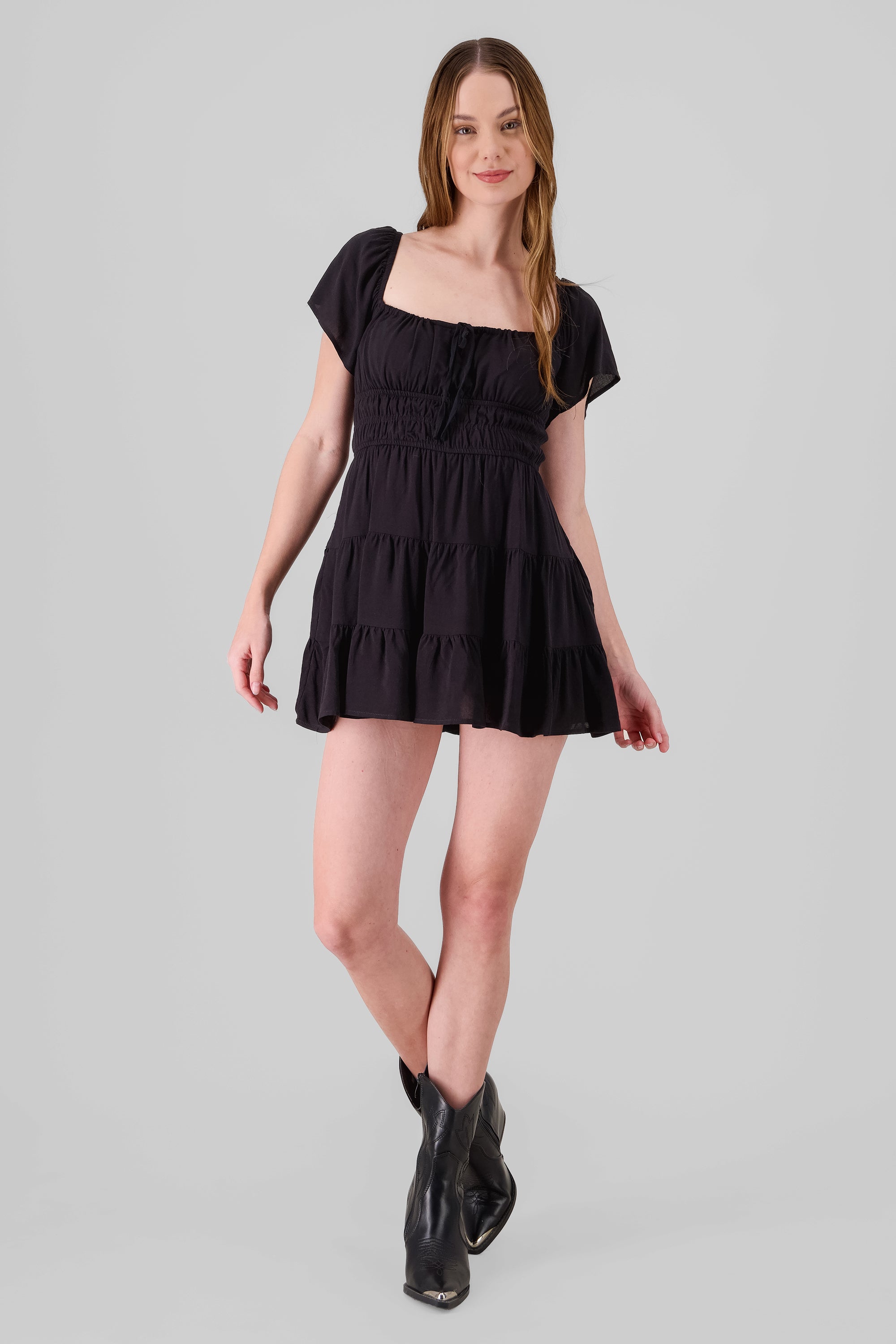 Frill Bust Short Sleeve Dress BLACK