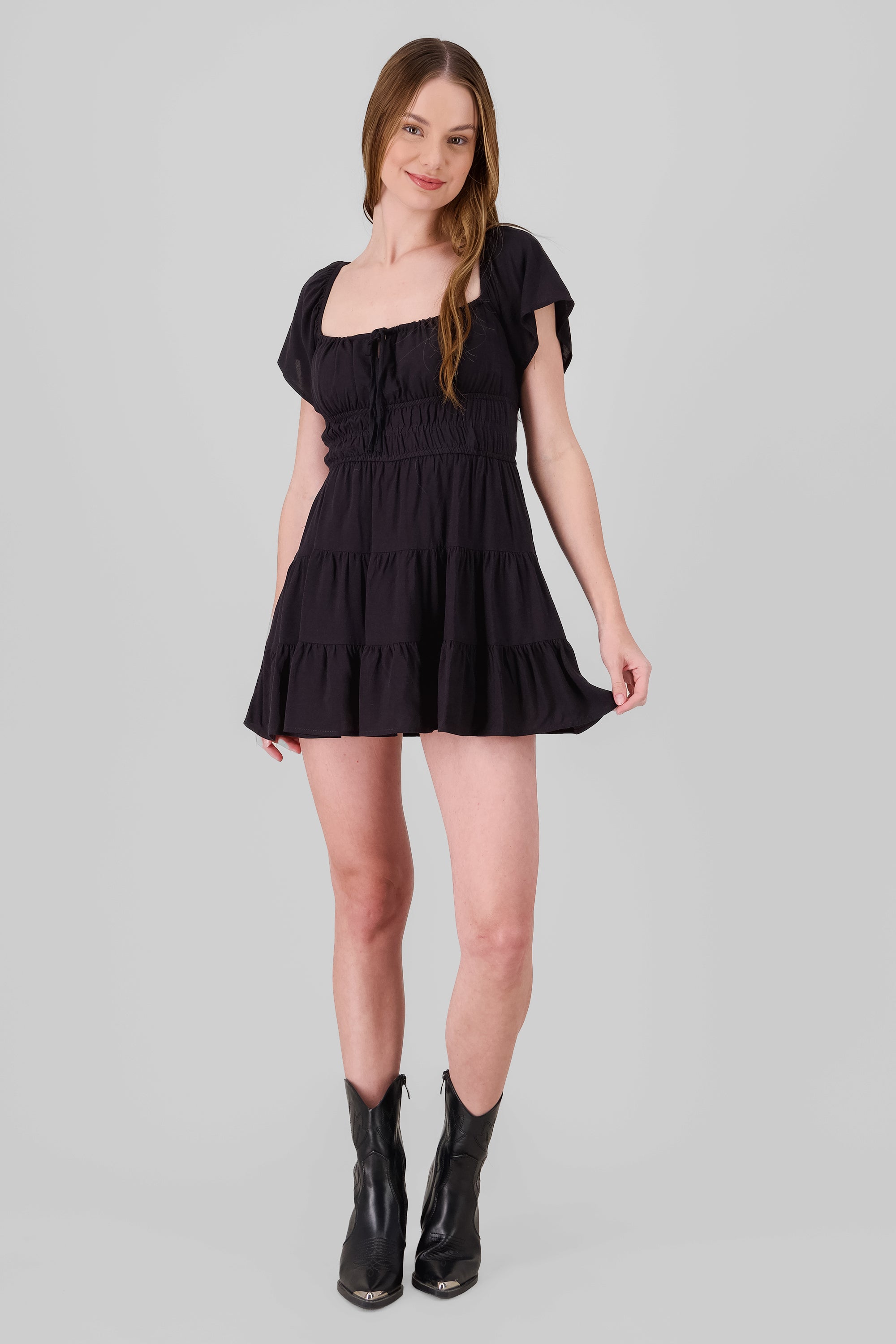 Frill Bust Short Sleeve Dress BLACK