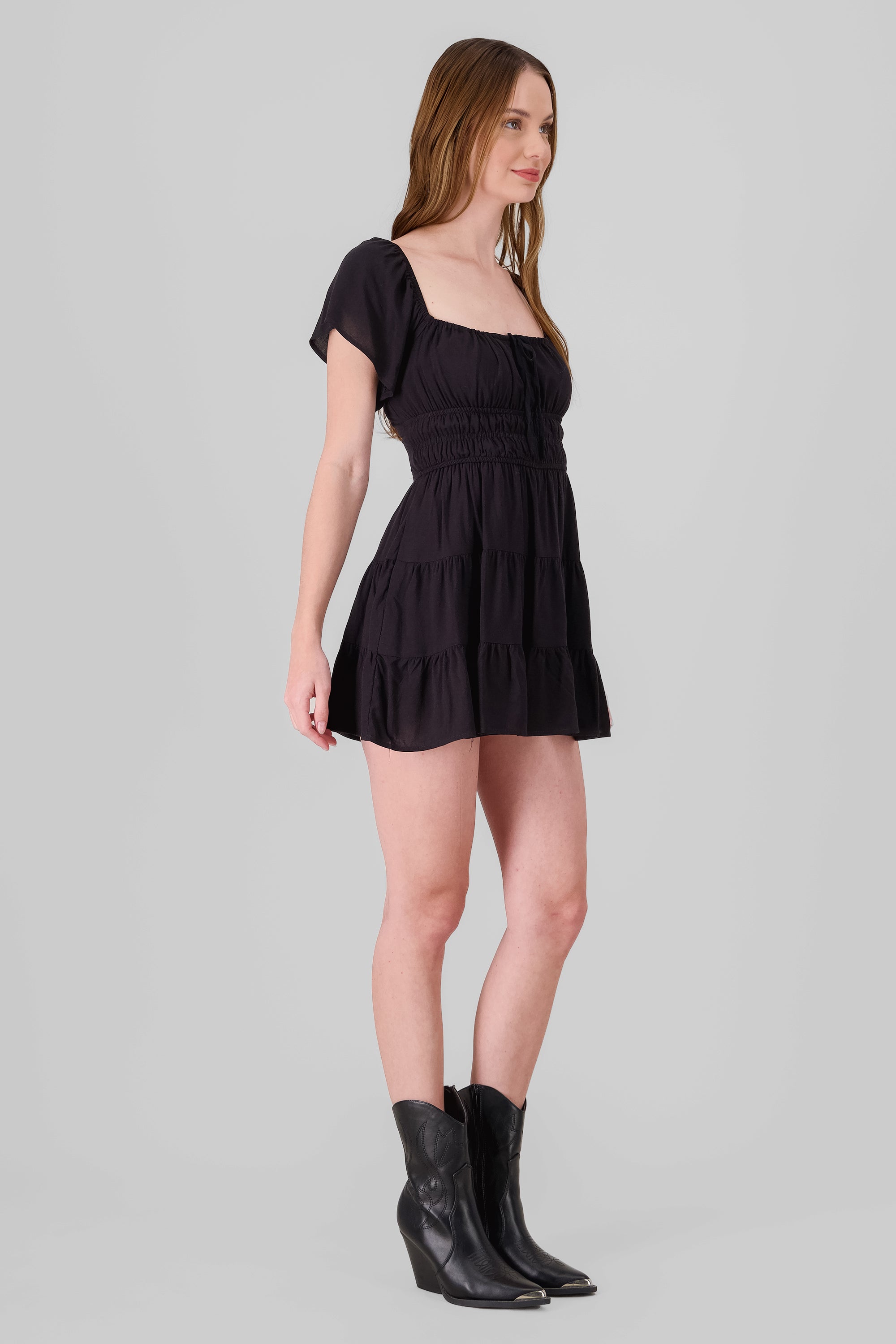 Frill Bust Short Sleeve Dress BLACK