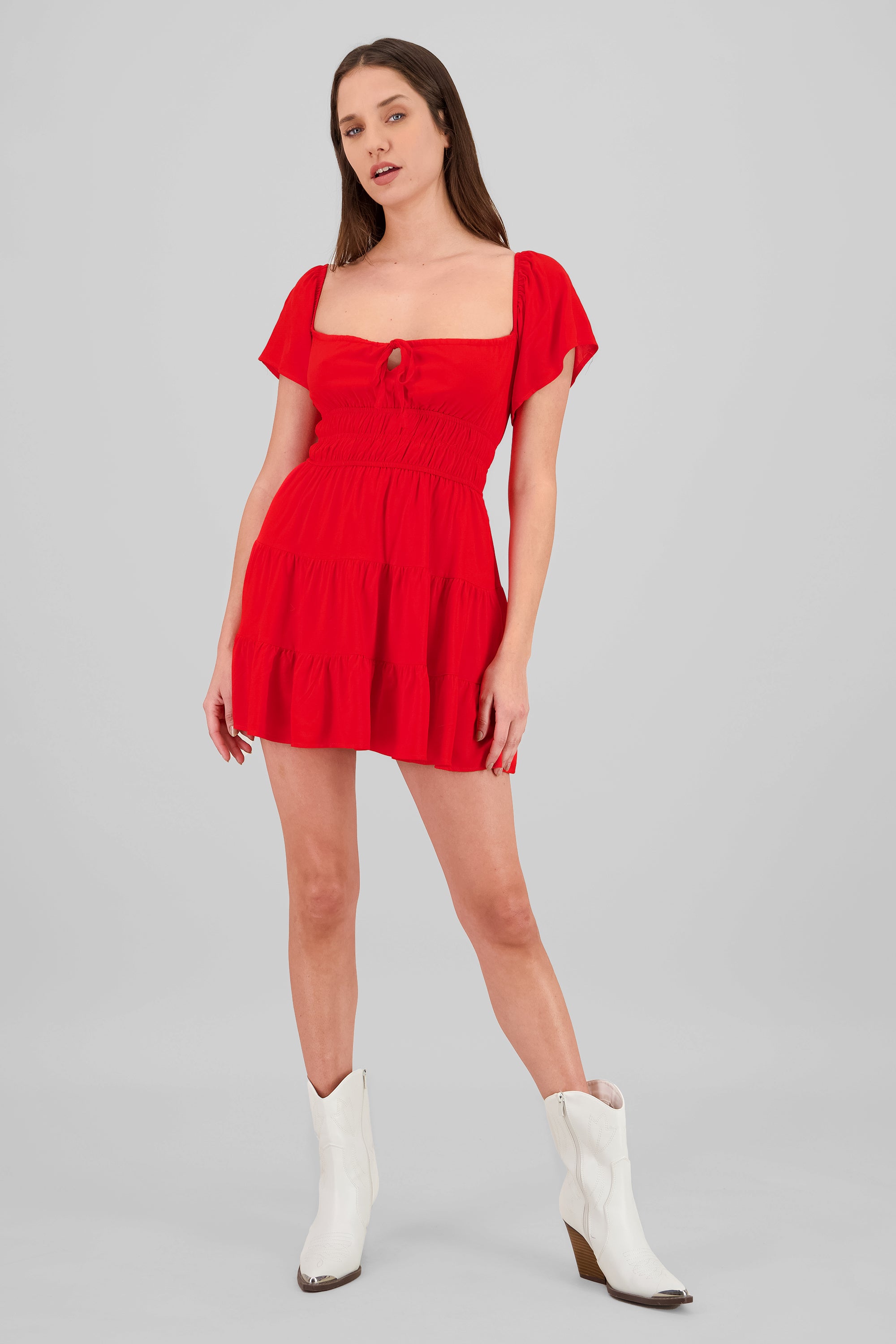 Frill Bust Short Sleeve Dress RED