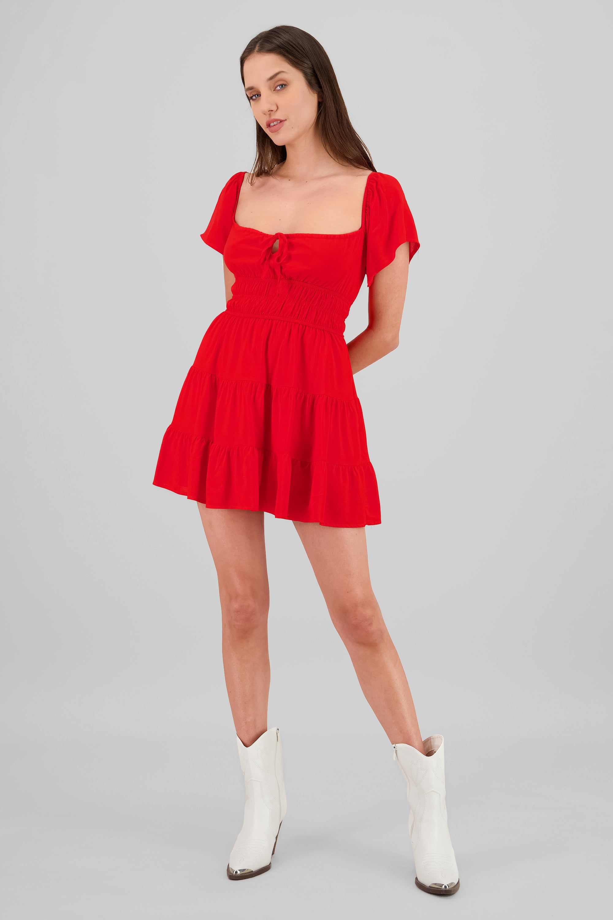 Frill Bust Short Sleeve Dress RED