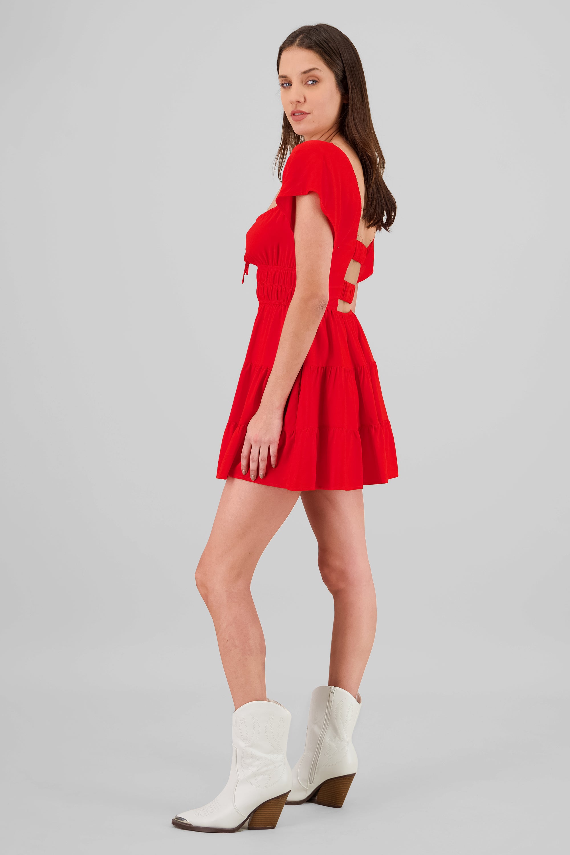 Frill Bust Short Sleeve Dress RED