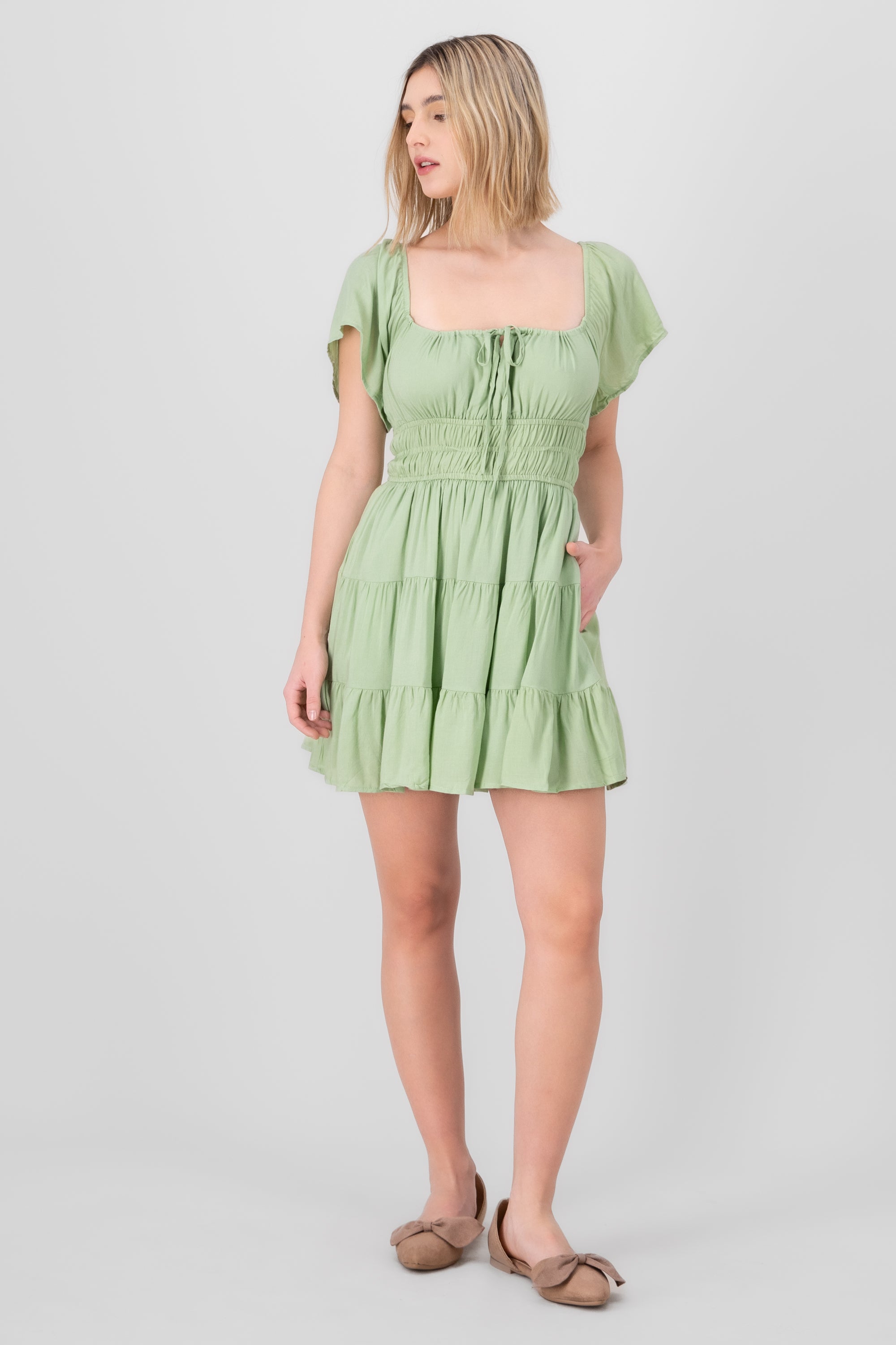 Frill Bust Short Sleeve Dress LIGHT GREEN