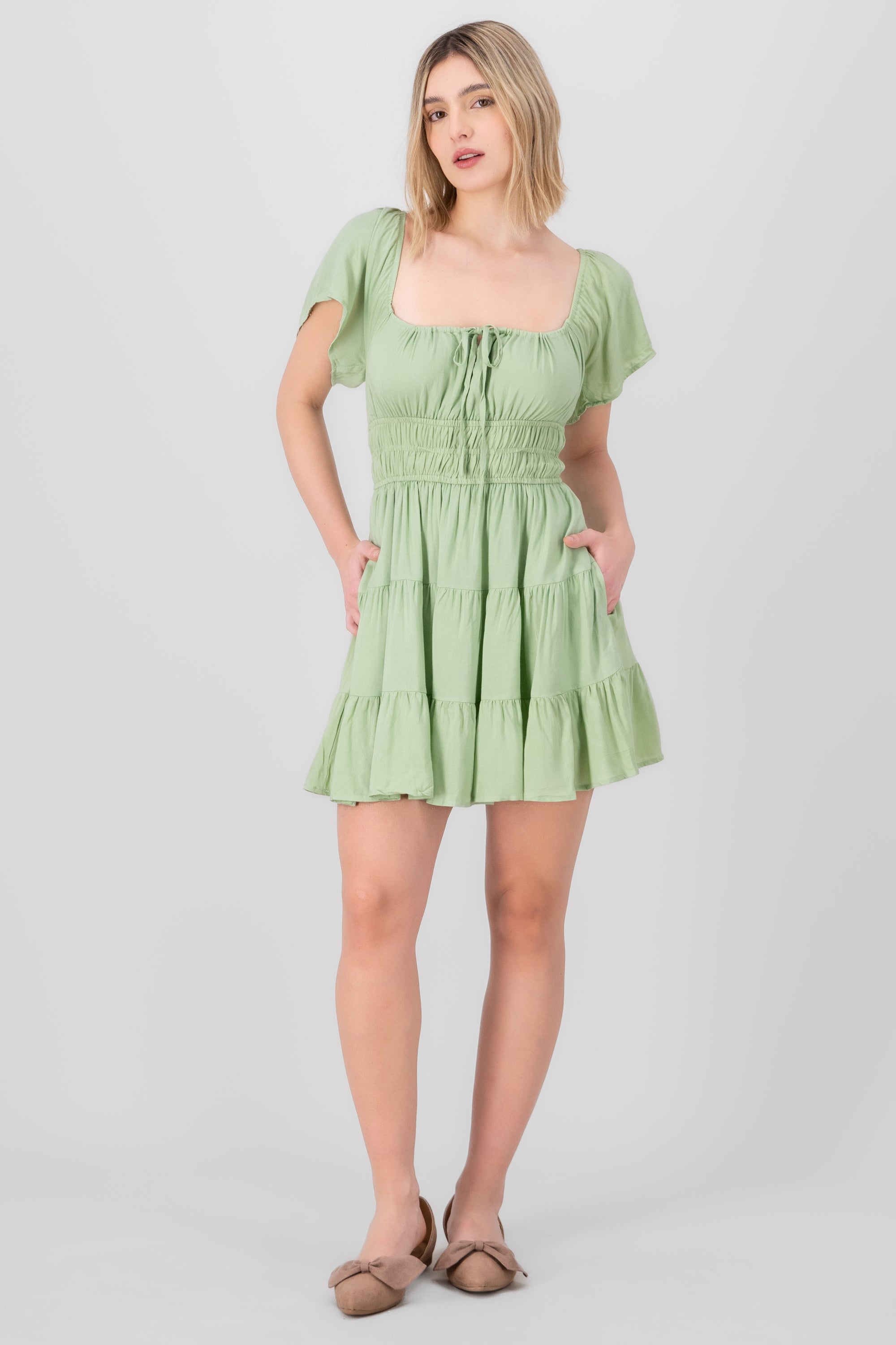 Frill Bust Short Sleeve Dress LIGHT GREEN