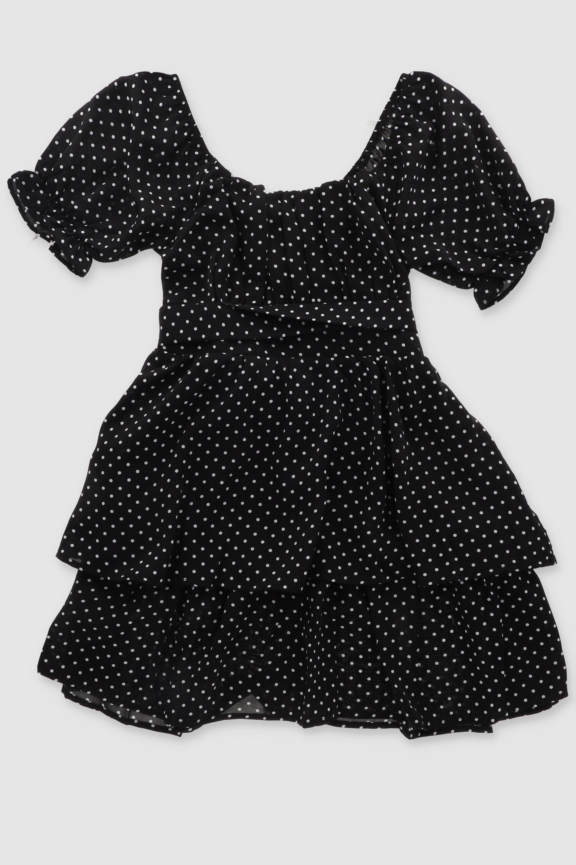 Polka Dot Round Neck Ruffled Dress BLACK COMBO