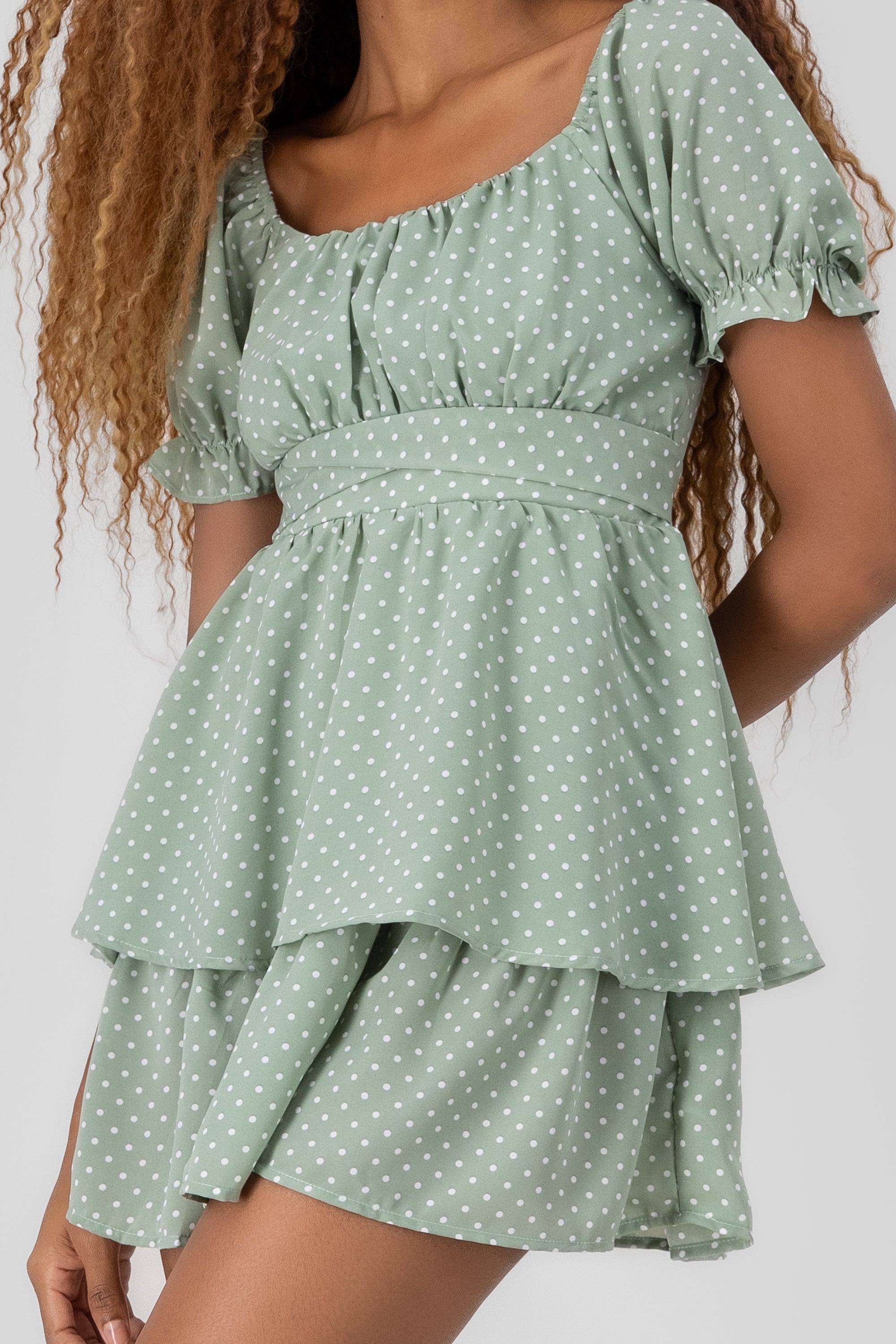 Polka Dot Round Neck Ruffled Dress SAGE