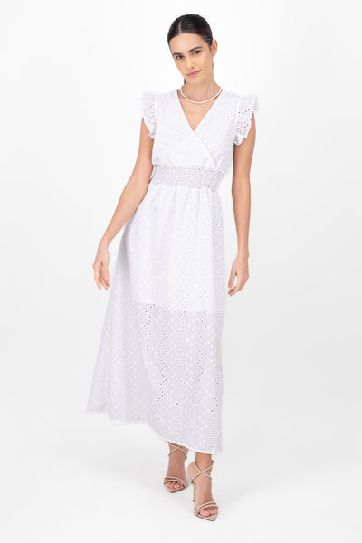 Embroidery Cross V Neck Dress WHITE