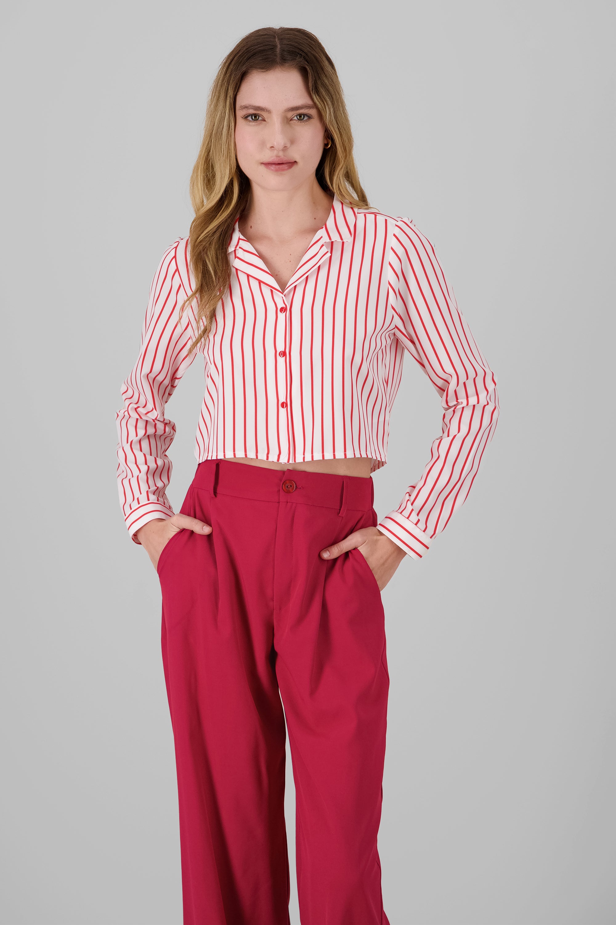 Stripped Print Button Front Shirt RED COMBO