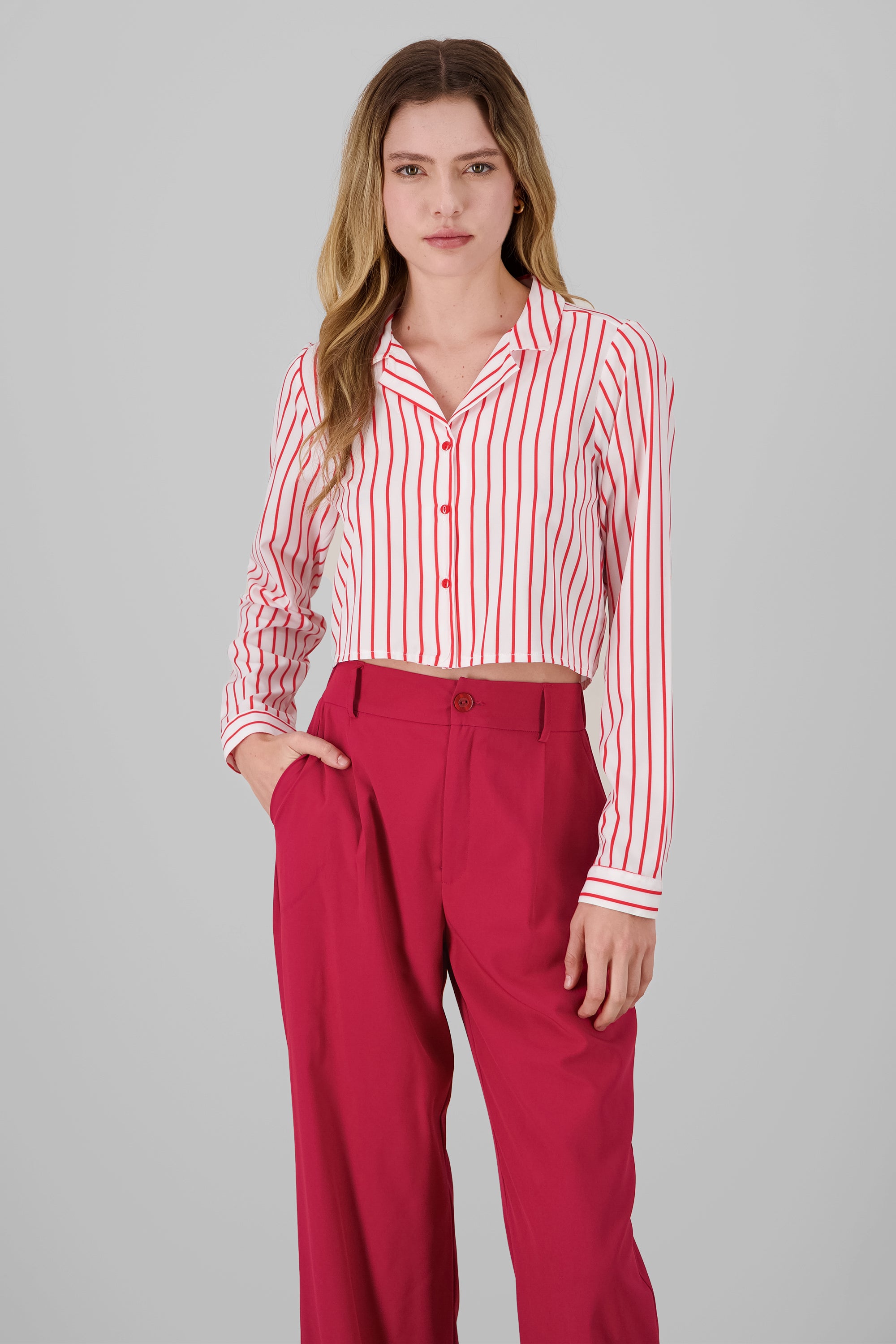 Stripped Print Button Front Shirt RED COMBO