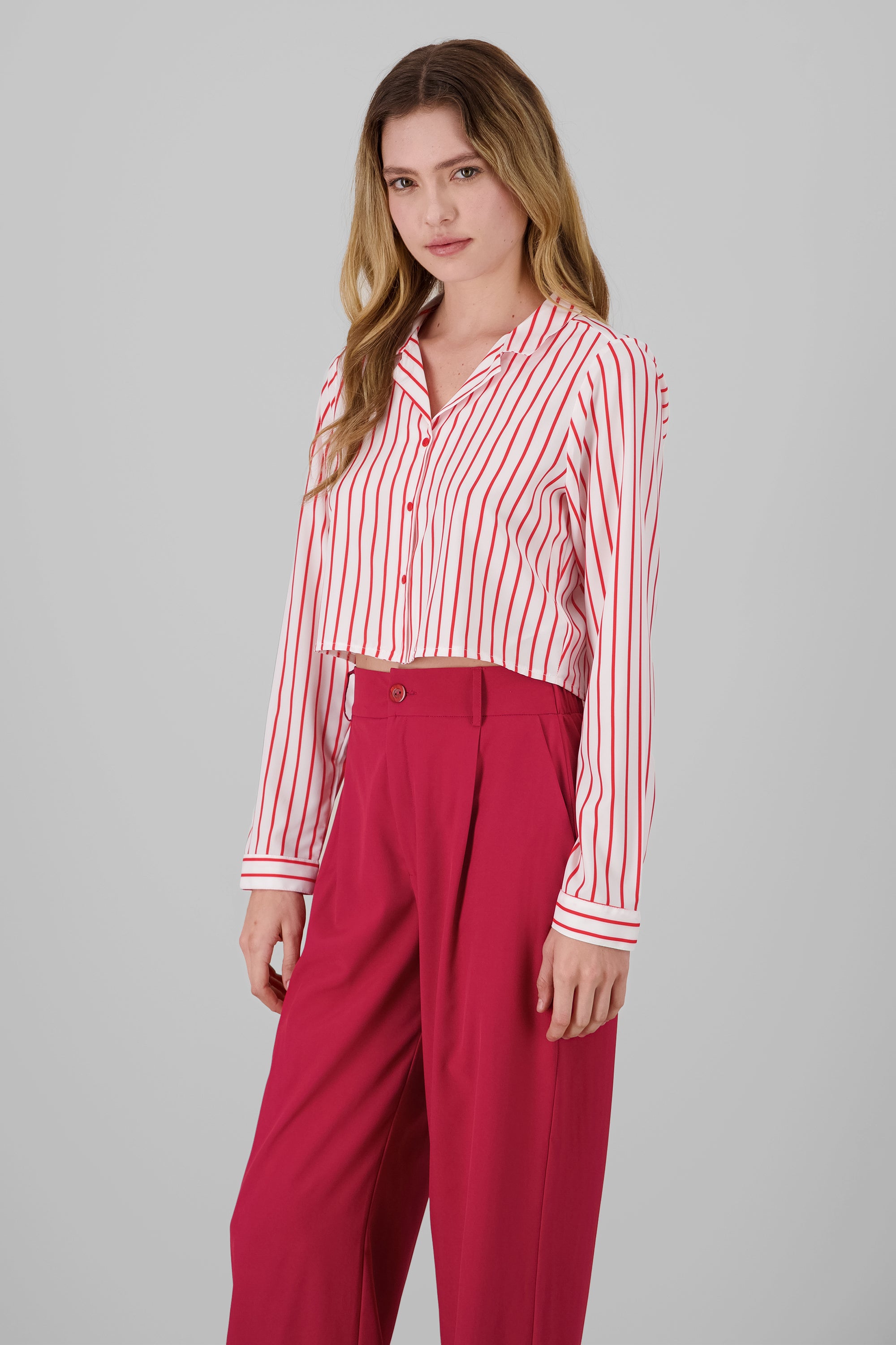 Stripped Print Button Front Shirt RED COMBO