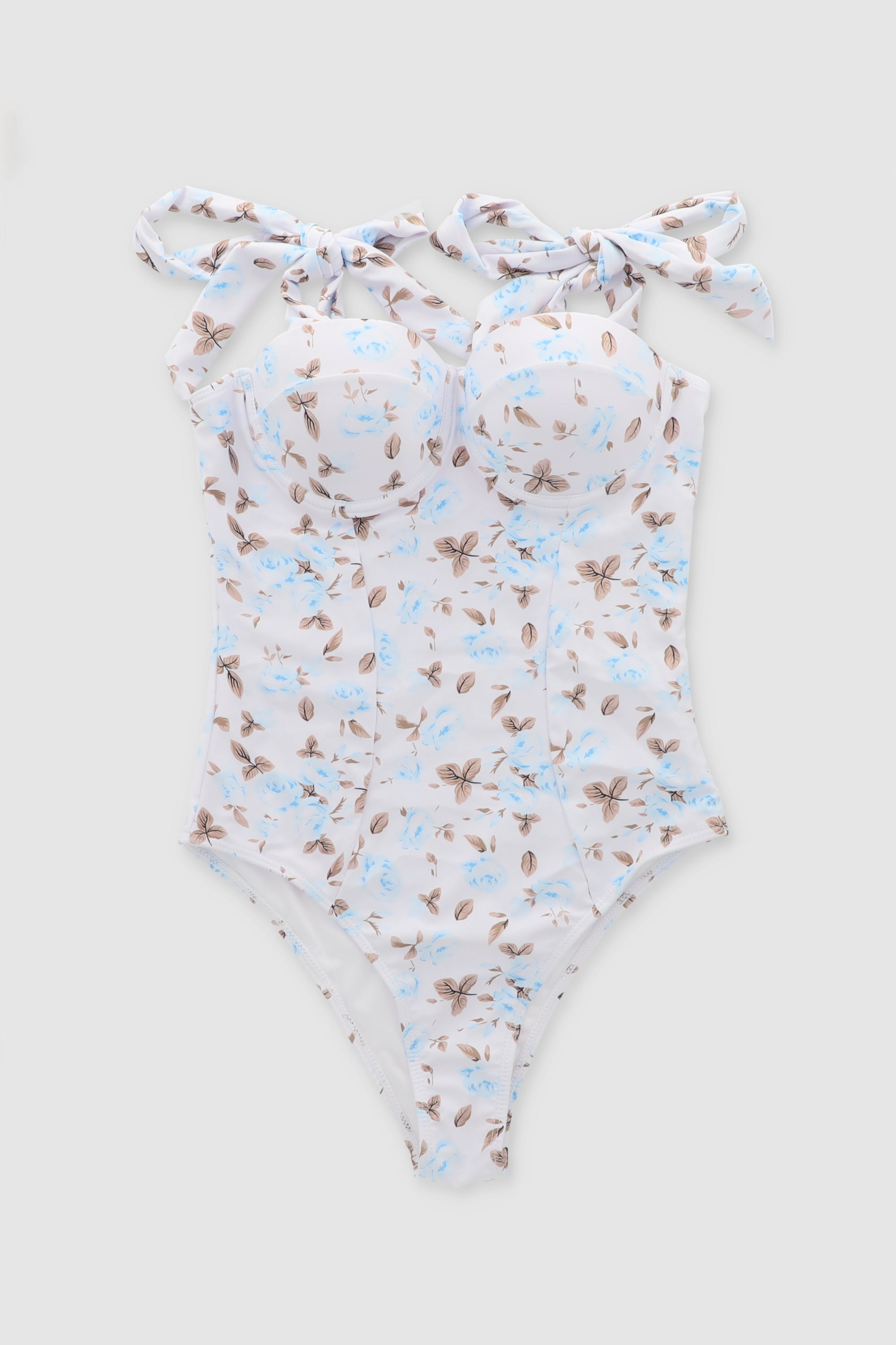 Floral Tie Straps One Piece Swim Suit BLUE COMBO