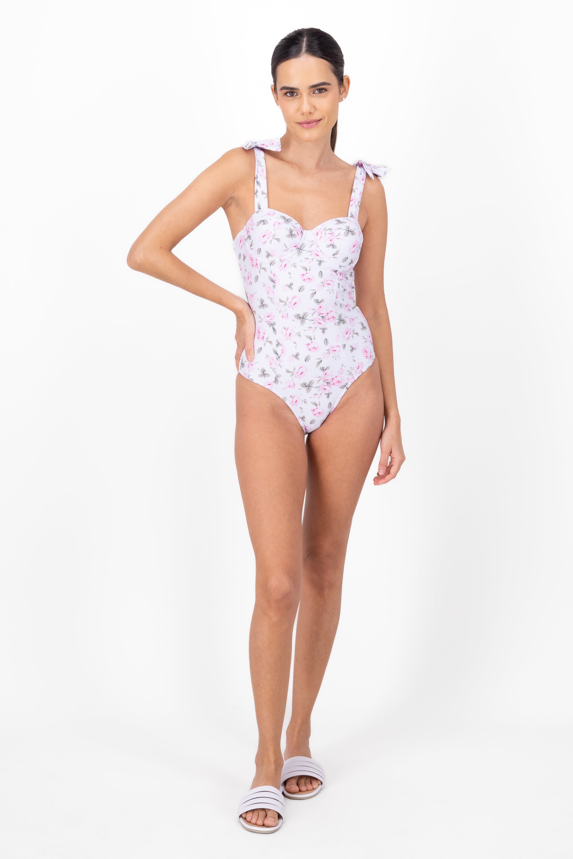 Floral Tie Straps One Piece Swim Suit PINK COMBO