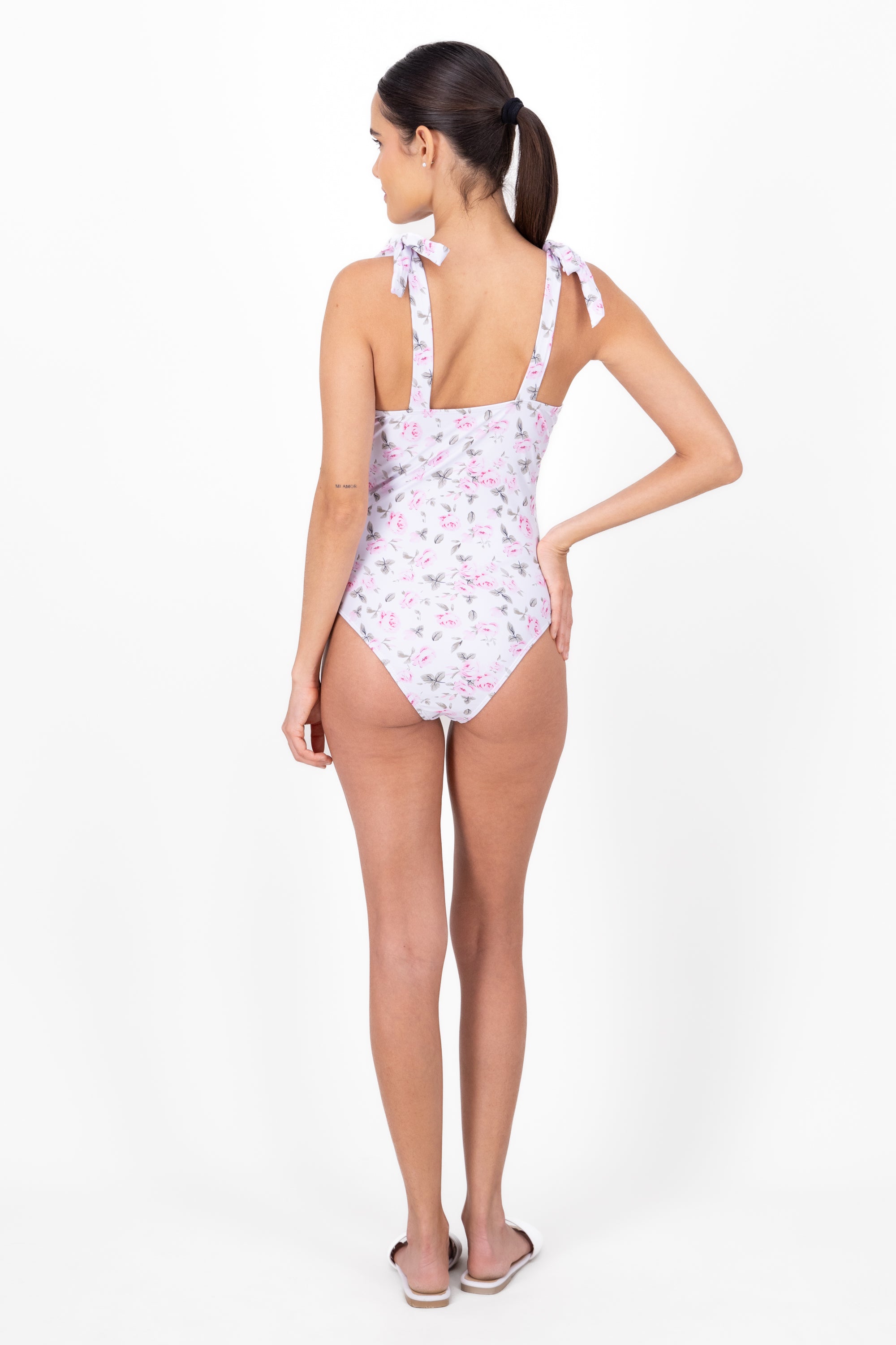 Floral Tie Straps One Piece Swim Suit PINK COMBO