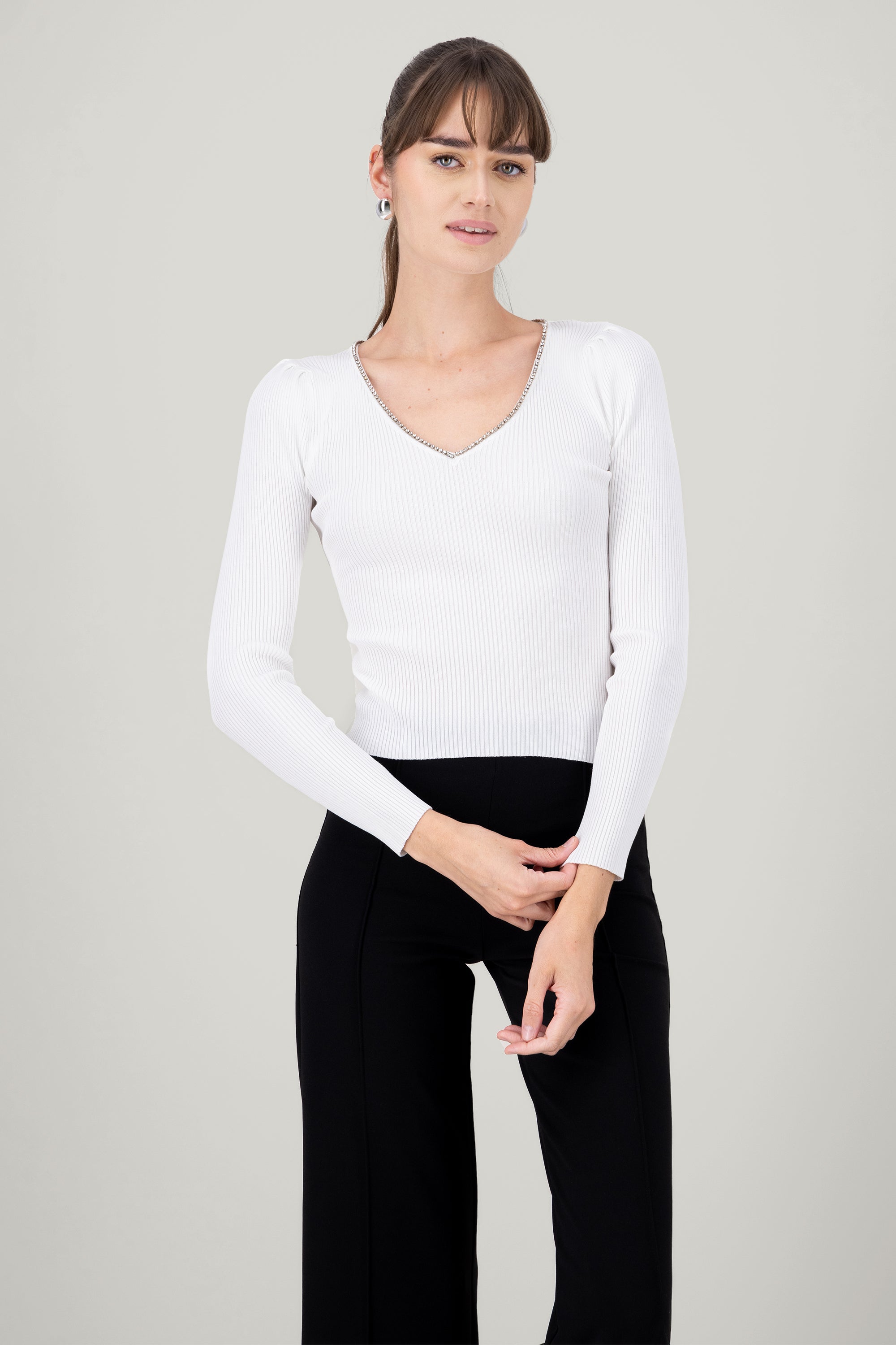 Knitted Rhinestone Detail Long Sleeve Top WHITE