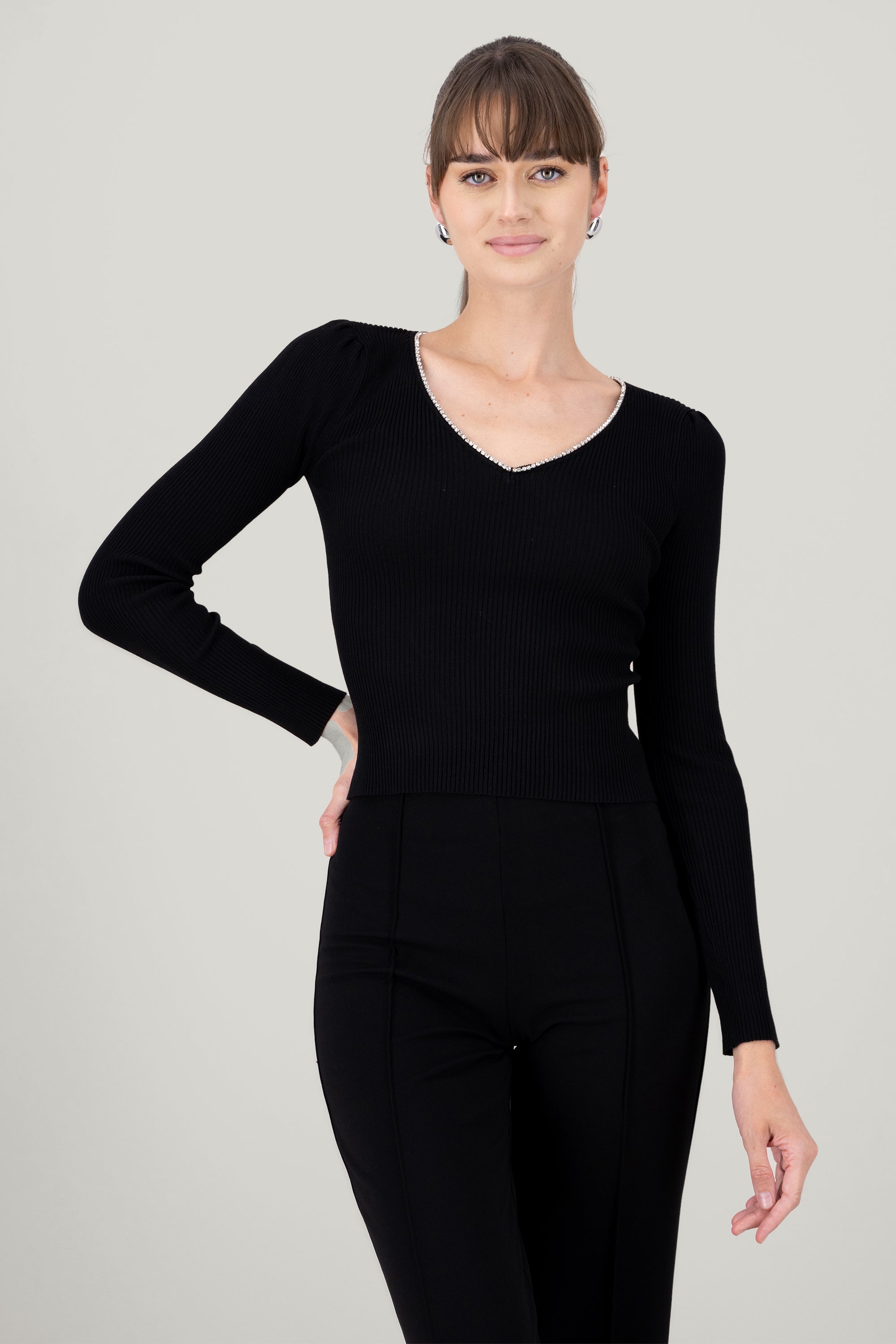 Knitted Rhinestone Detail Long Sleeve Top BLACK