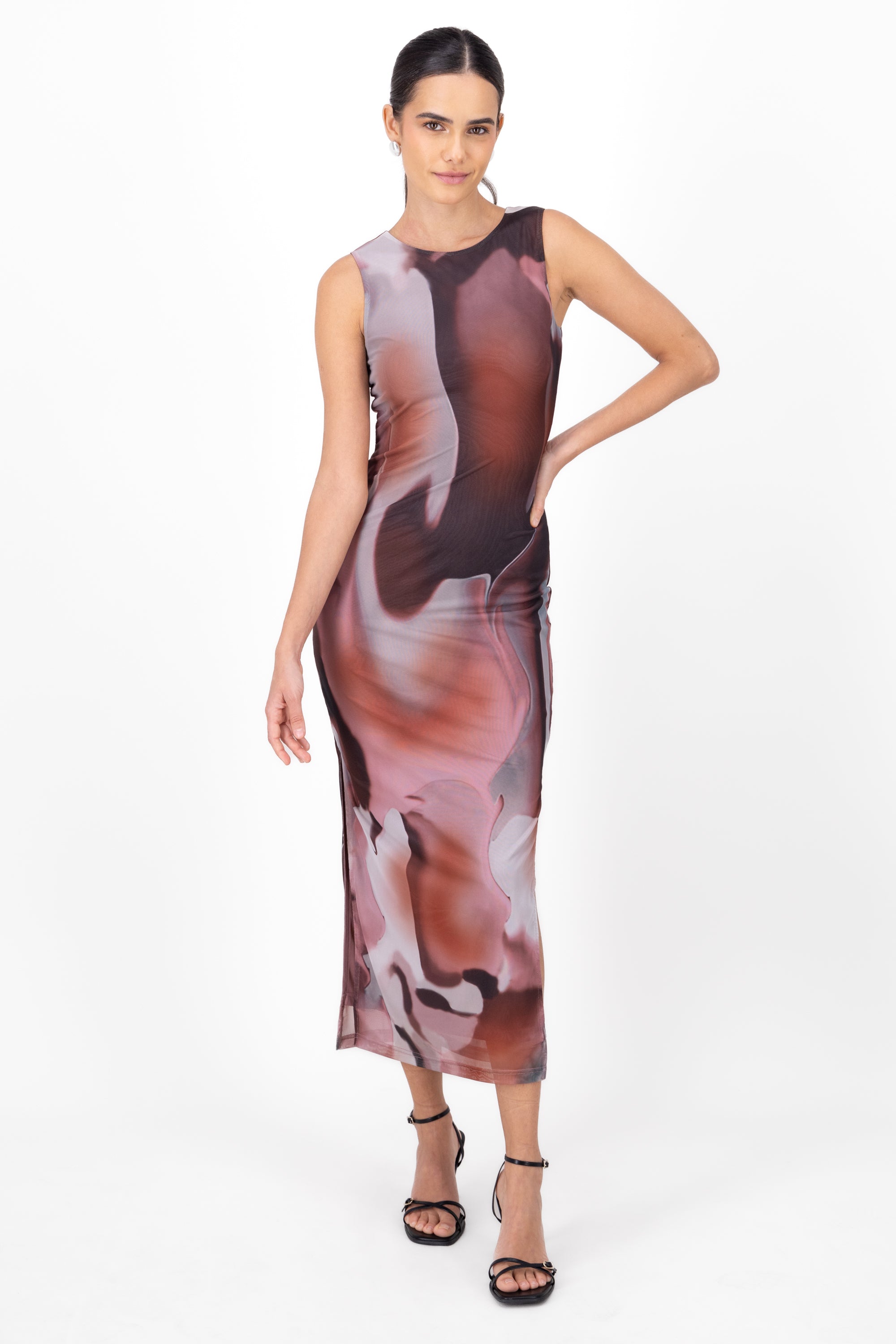 Mesh Marble Print Maxi Dress BURGUNDY COMBO