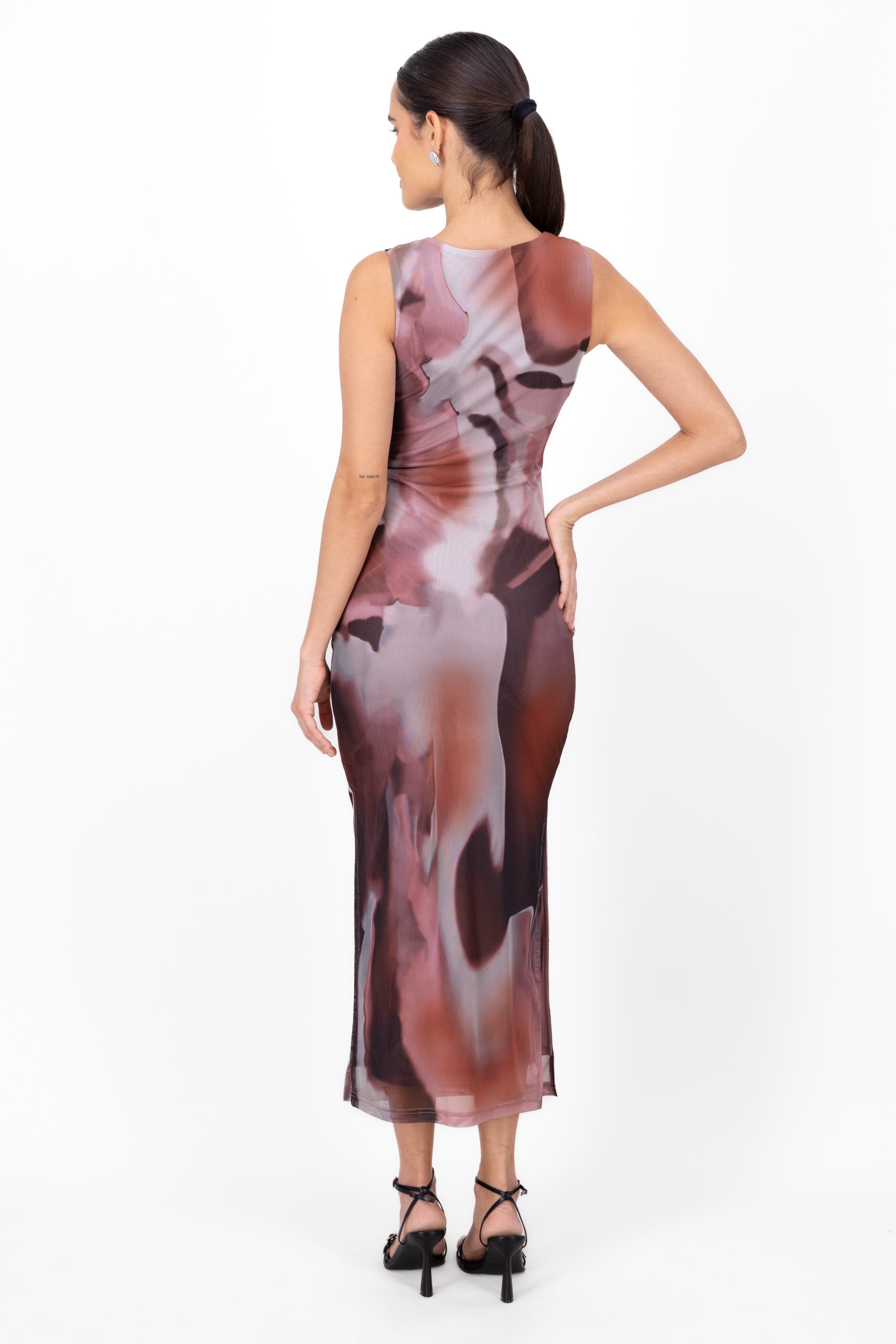 Mesh Marble Print Maxi Dress BURGUNDY COMBO