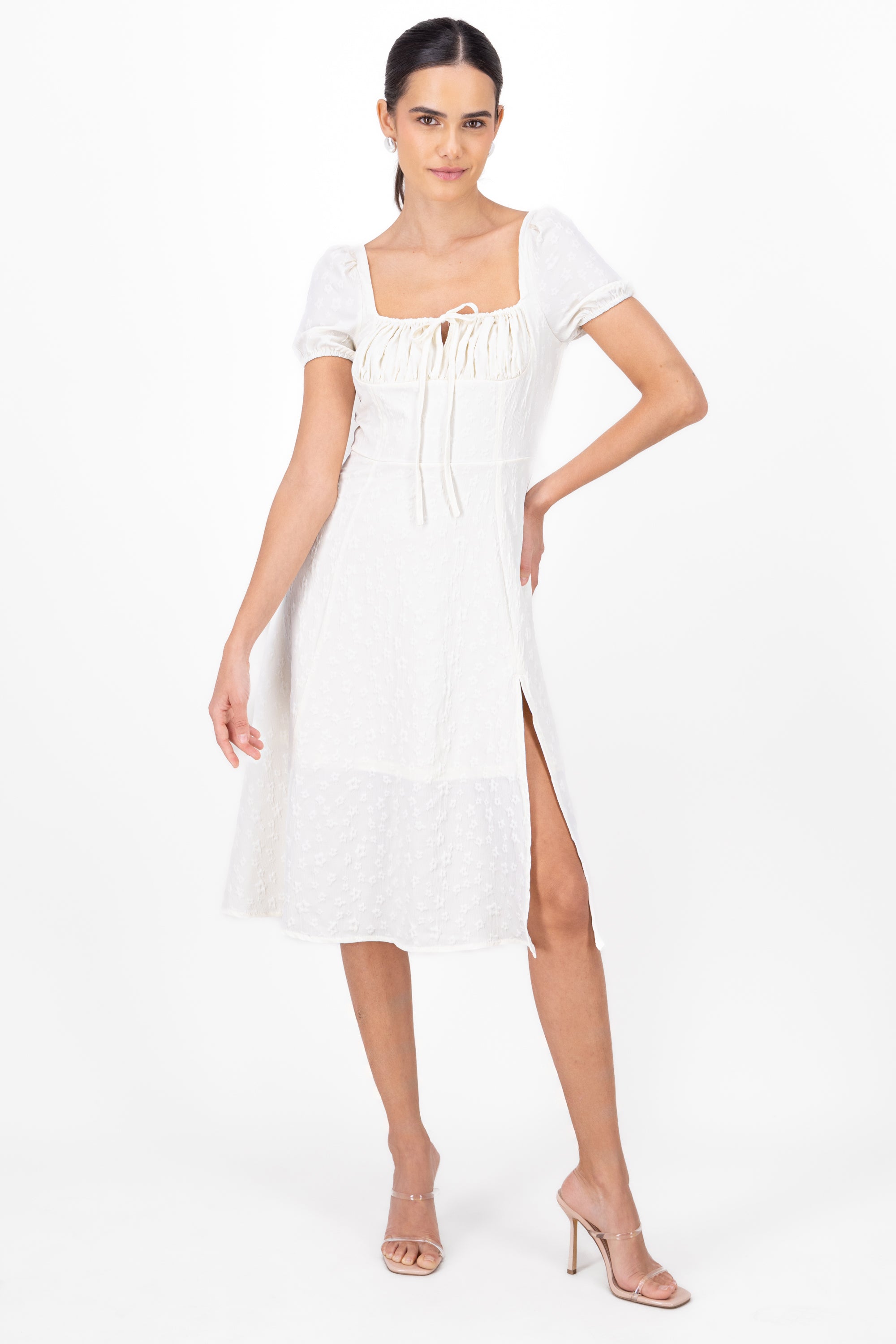 Puff Sleeve Tied Front Midi Dress WHITE