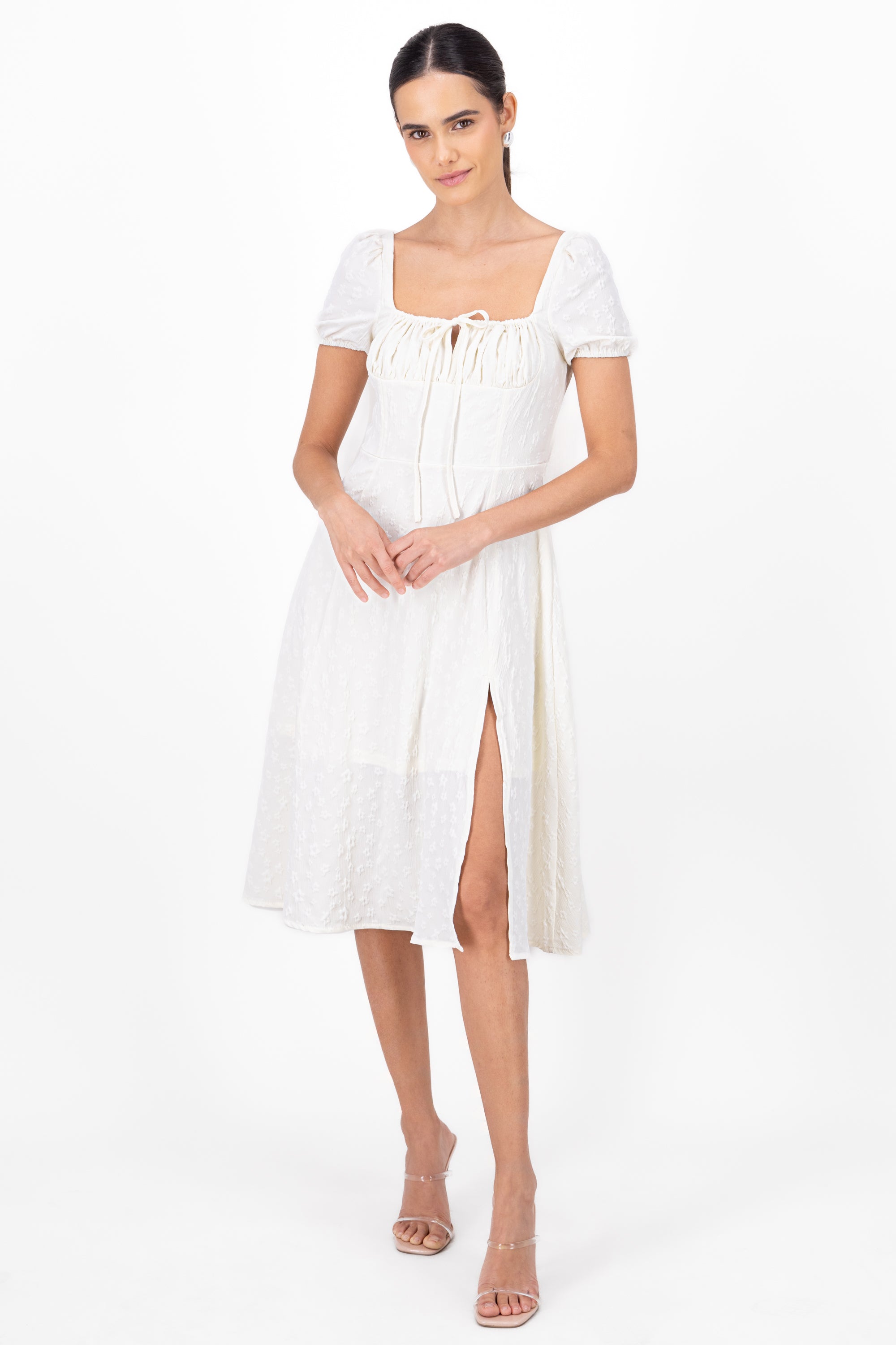 Puff Sleeve Tied Front Midi Dress WHITE