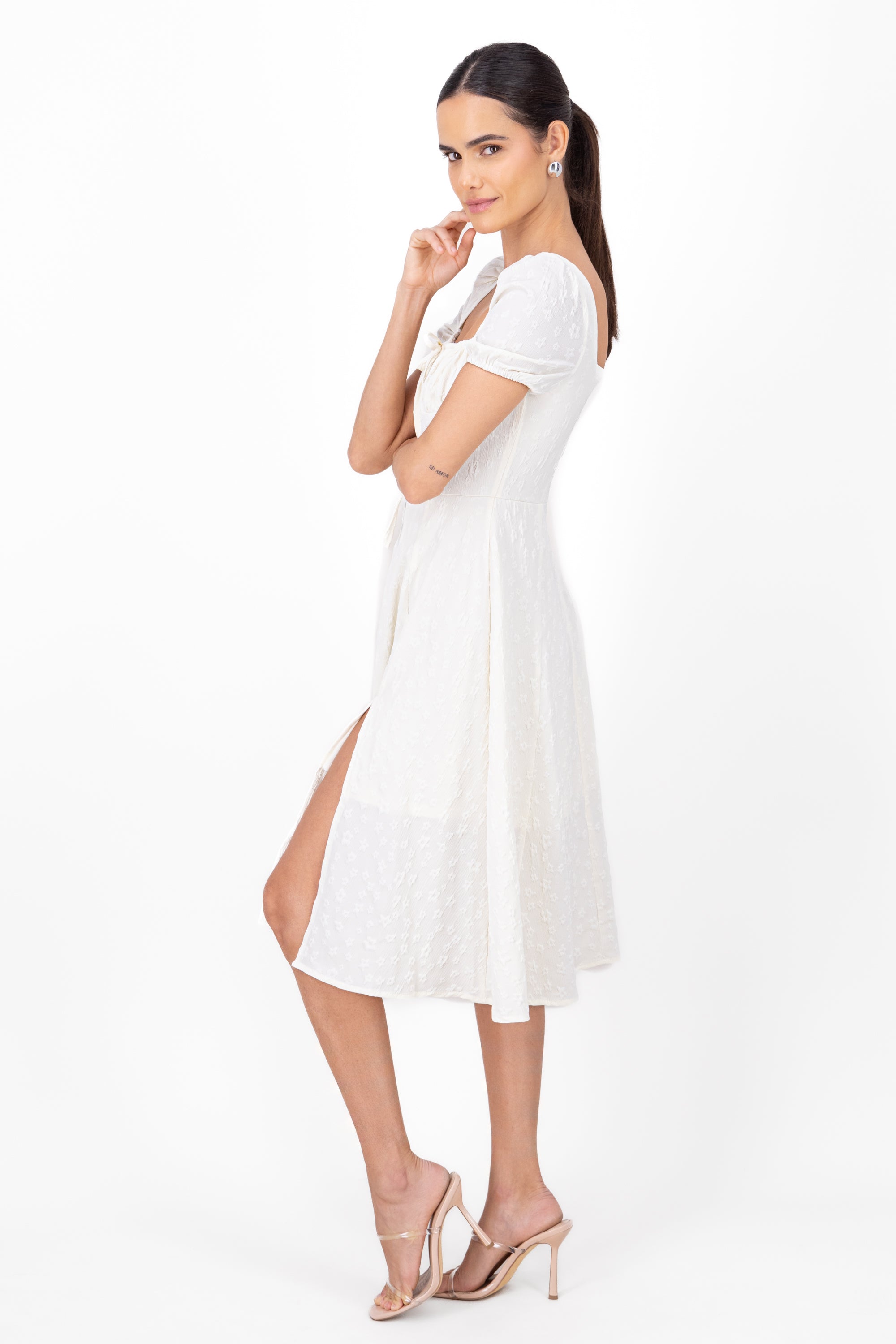 Puff Sleeve Tied Front Midi Dress WHITE