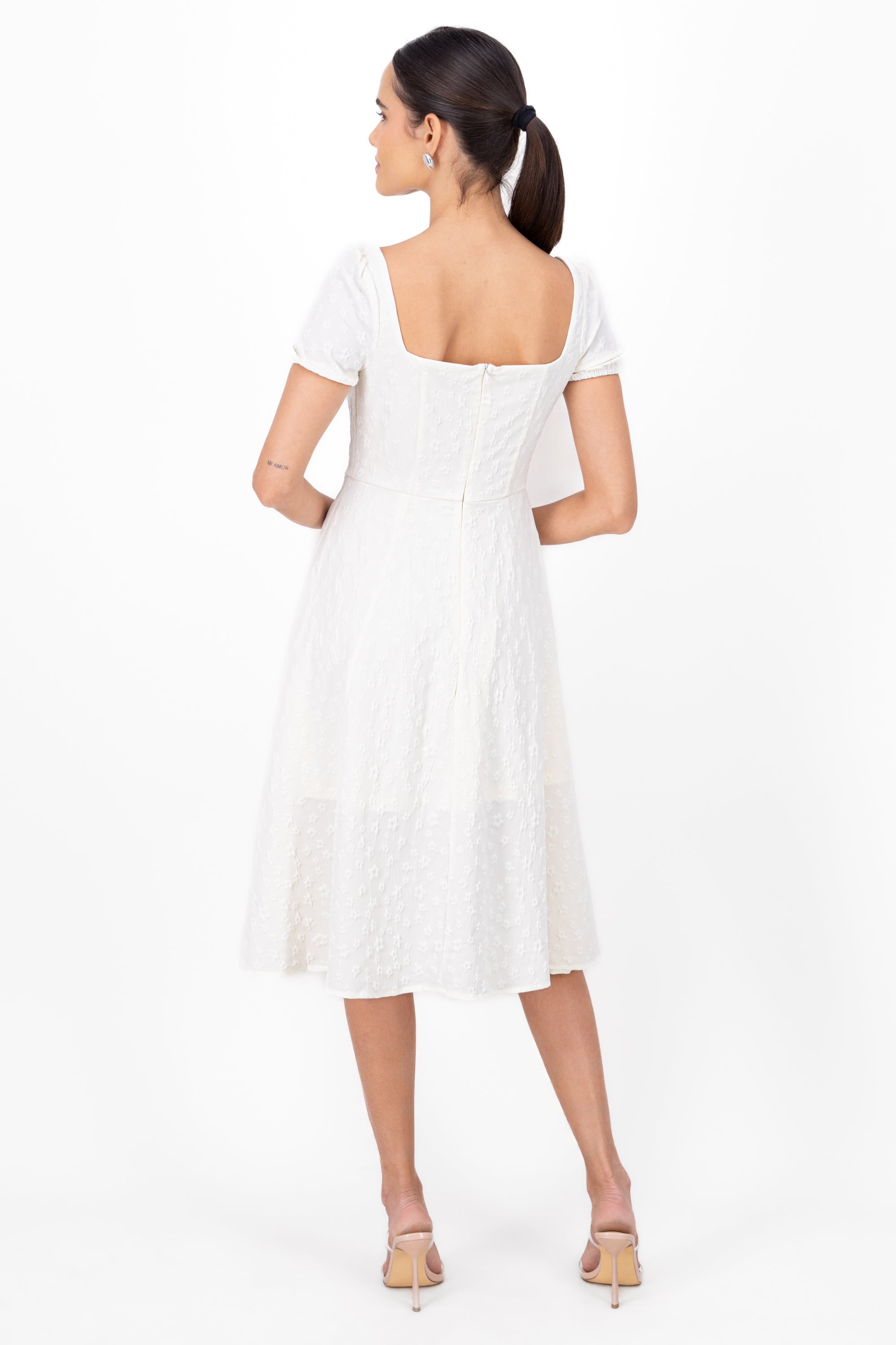 Puff Sleeve Tied Front Midi Dress WHITE