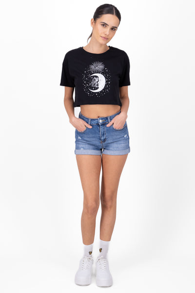 Moon Graphic Cropped Tee MEDIUM WASH