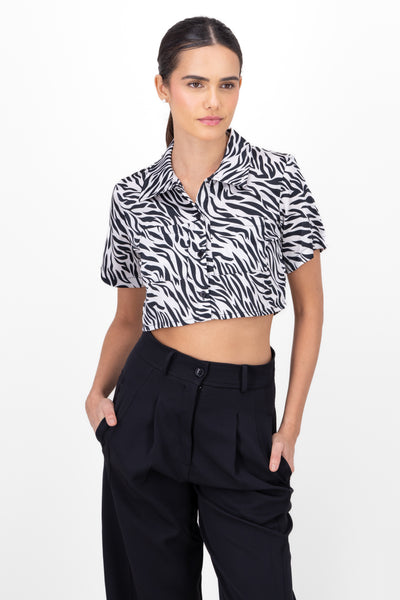 Animal Print Cropped Button Down BONE COMBO