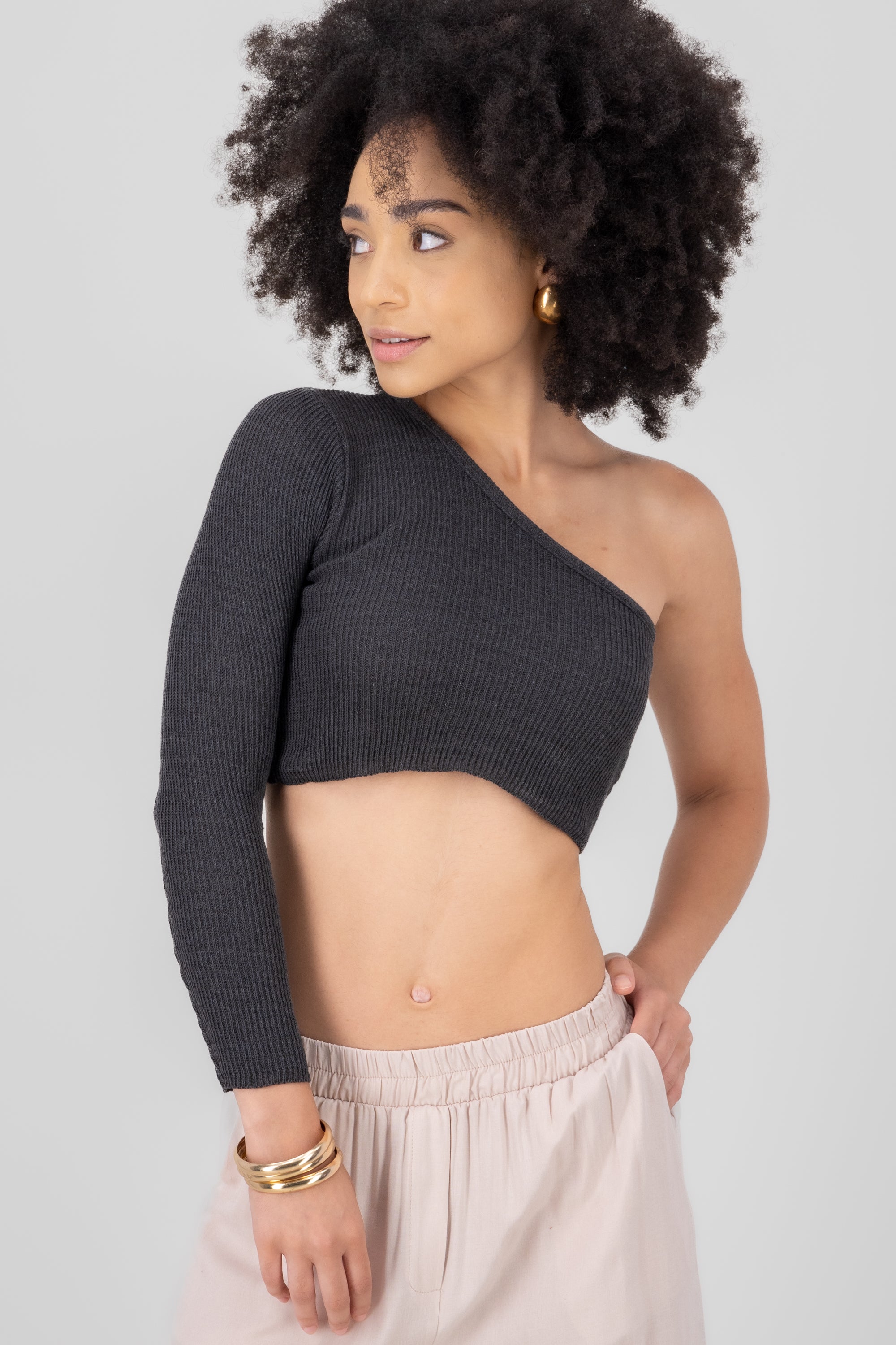 One Shoulder Long Sleeve Knitted  Crop Top DARK GRAY