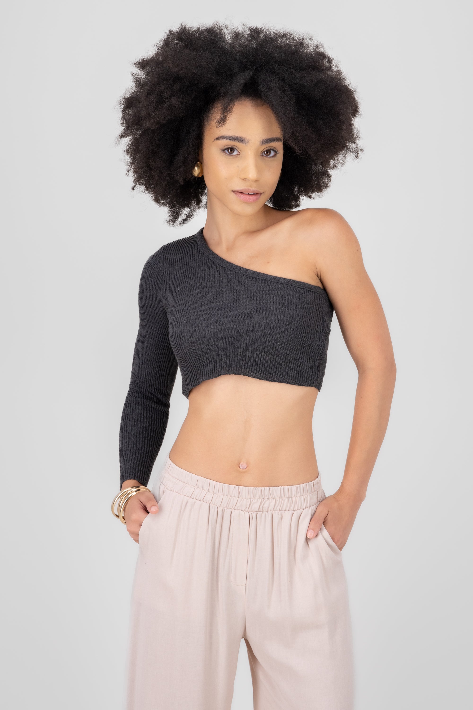 One Shoulder Long Sleeve Knitted  Crop Top DARK GRAY