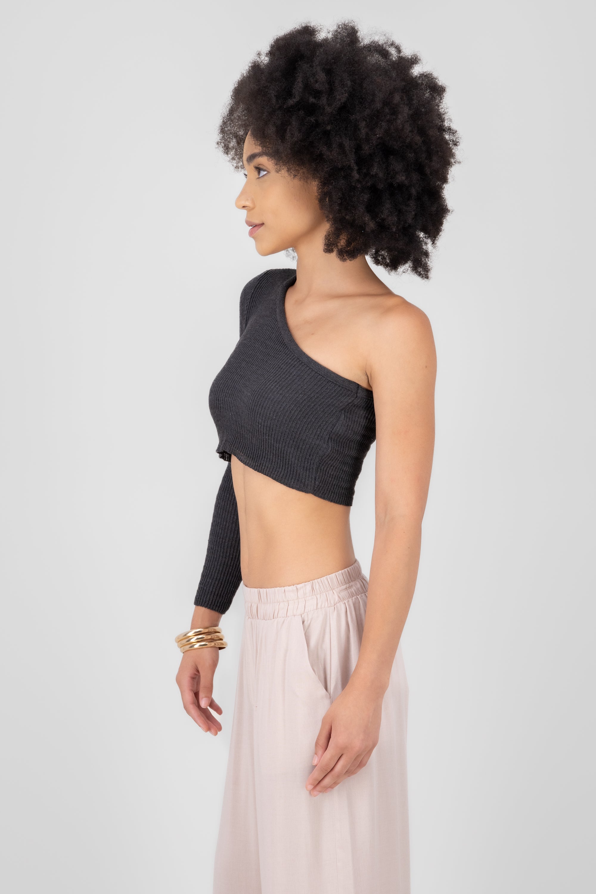 One Shoulder Long Sleeve Knitted  Crop Top DARK GRAY